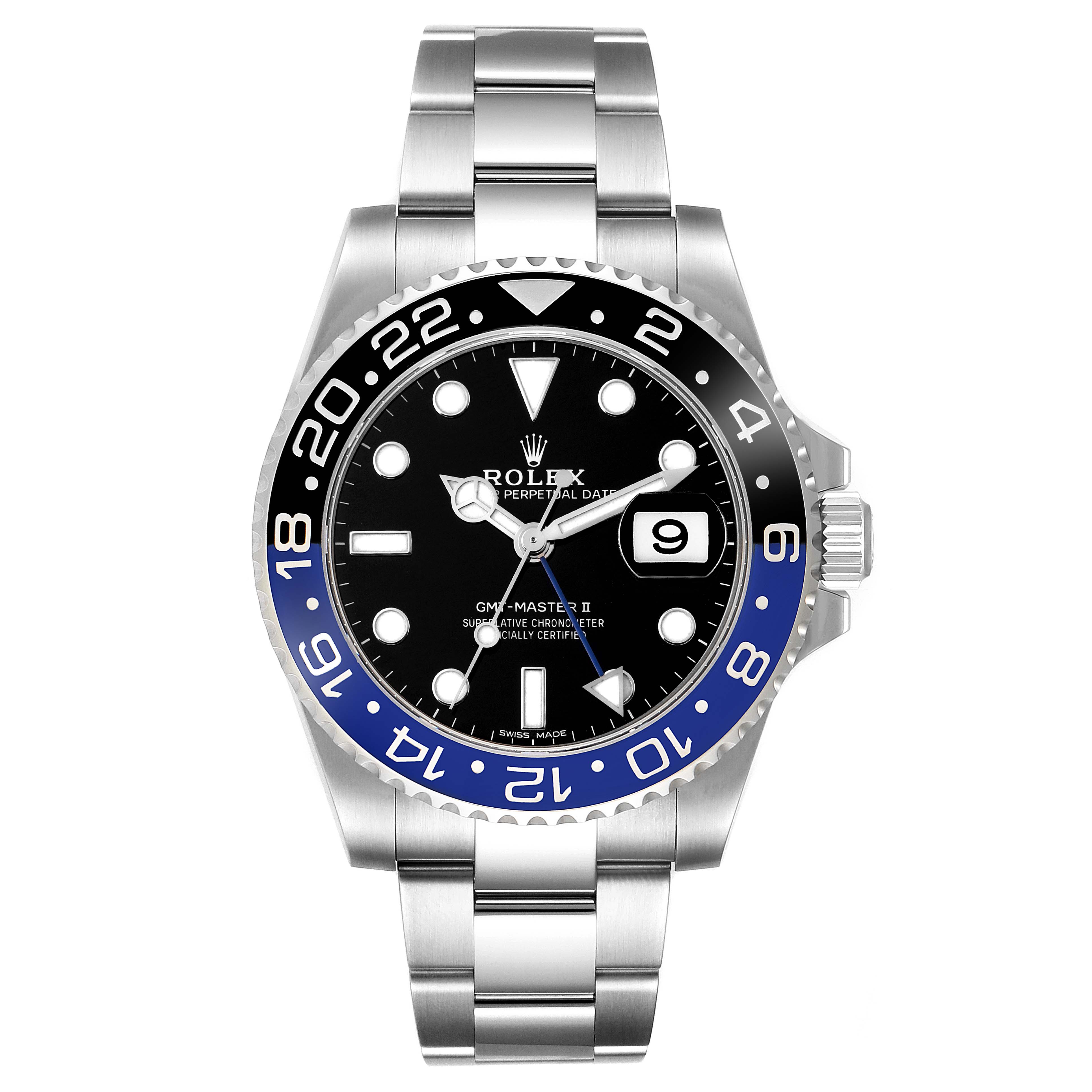 This Rolex GMT-Master 116710 Men's Stainless Steel Black Dial 116710 Men's Stainless Steel Black Dial watch is shown from a front angle, displaying the dial, bezel, and part of the bracelet.