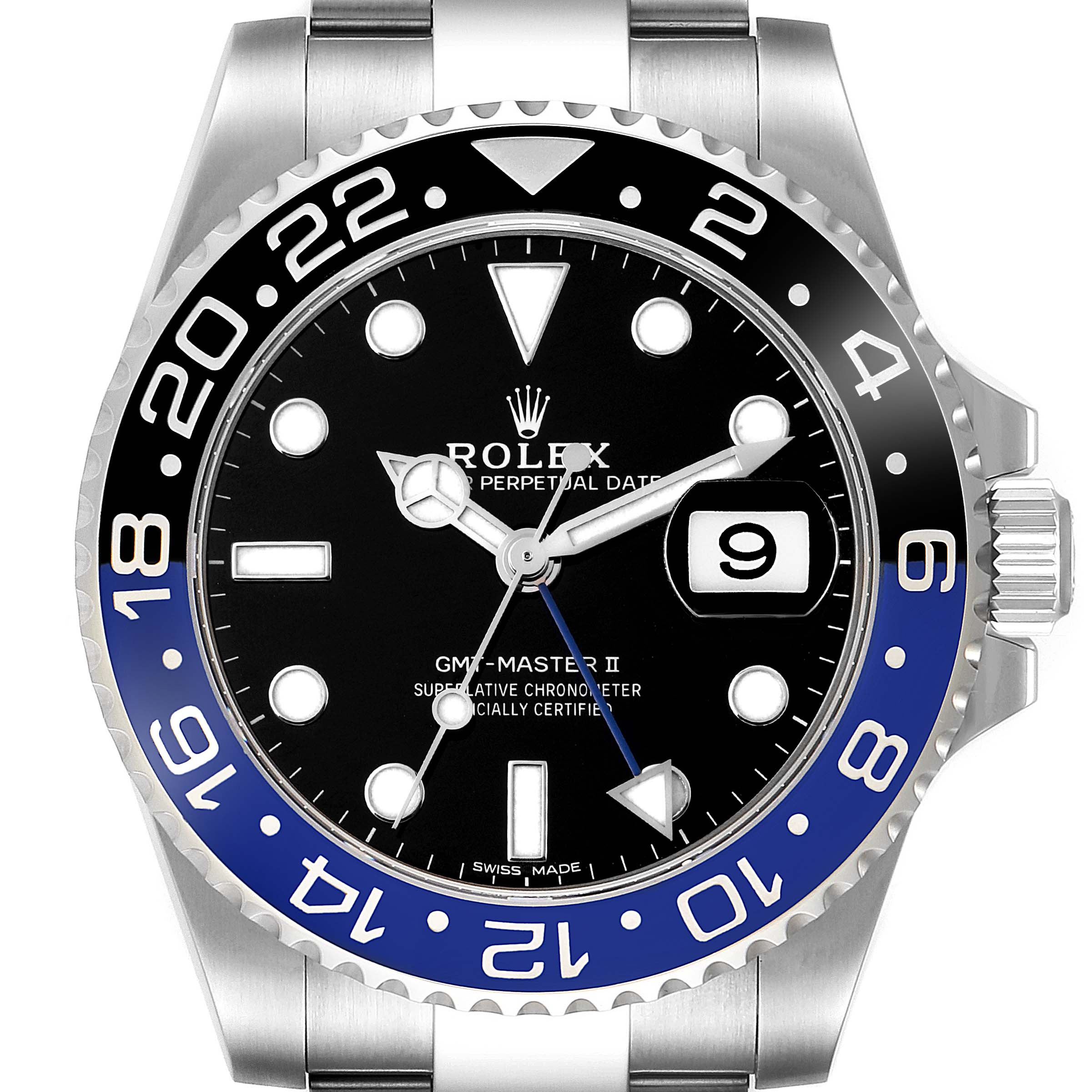 The image shows a frontal view of the dial and bezel of a Rolex GMT-Master 116710 Men's Stainless Steel Black Dial 116710 Men's Stainless Steel Black Dial II watch, highlighting the hour markers, hands, and date window.