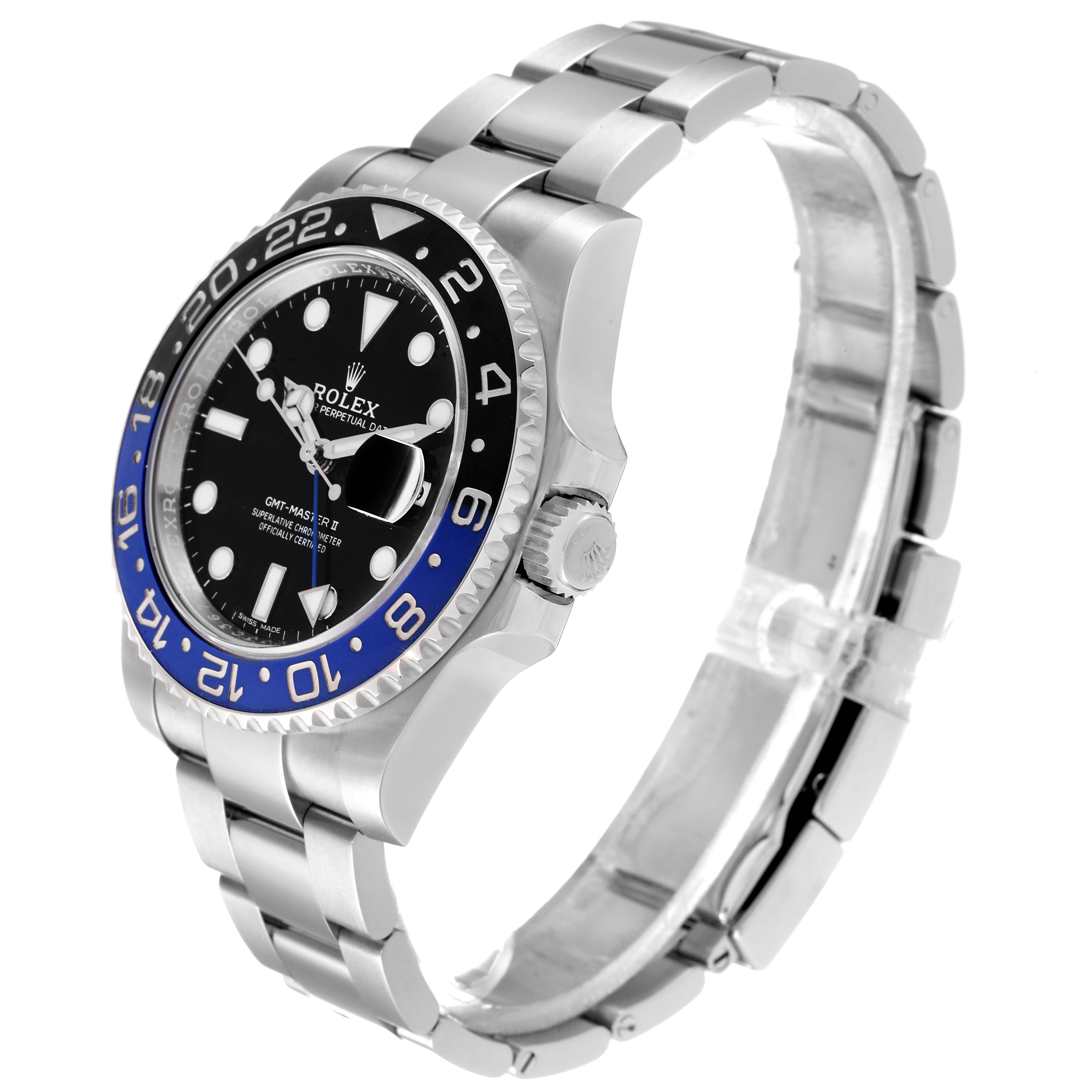 The Rolex GMT-Master 116710 Men's Stainless Steel Black Dial 116710 Men's Stainless Steel Black Dial watch is shown from an angle highlighting the bezel, dial, and band.