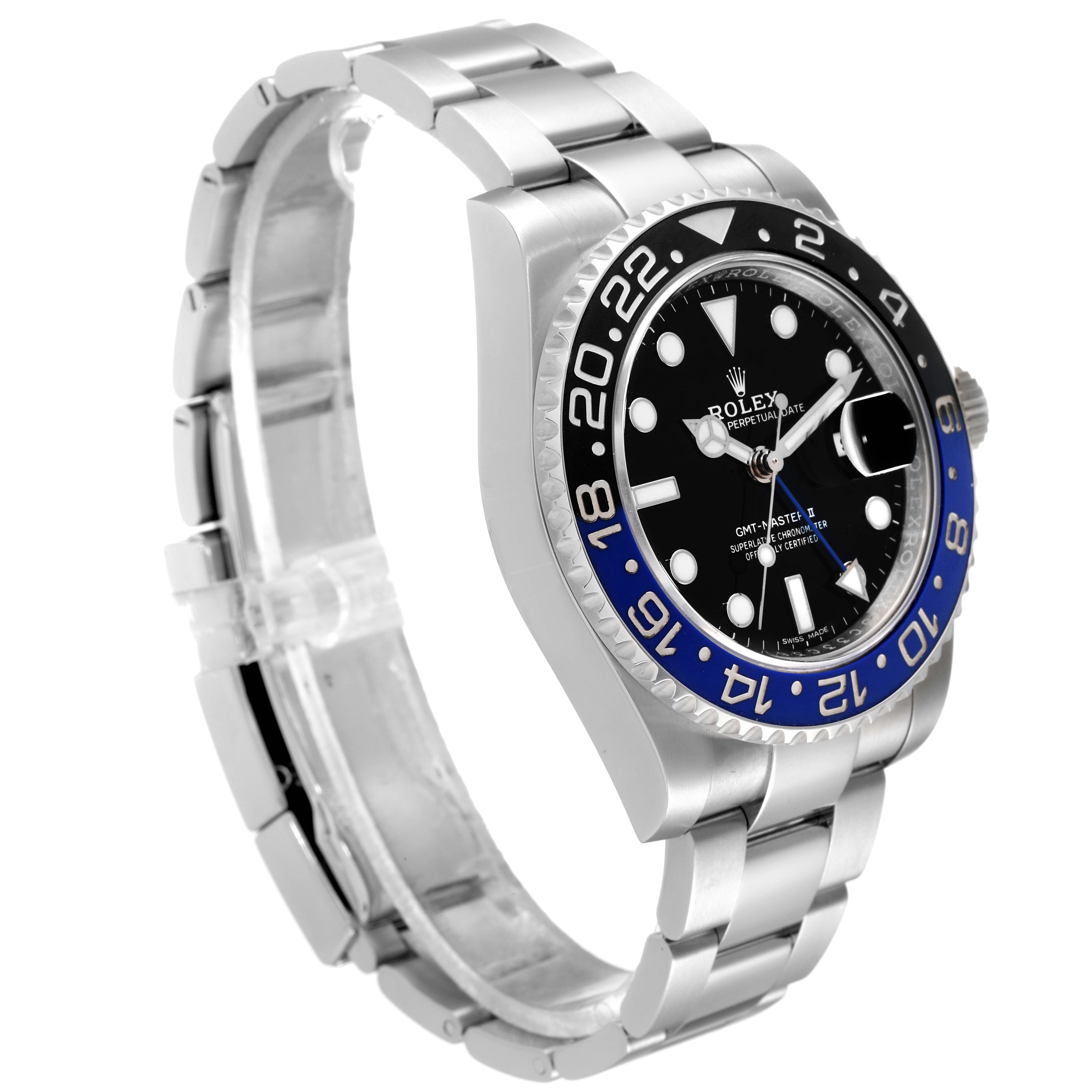 The Rolex GMT-Master 116710 Men's Stainless Steel Black Dial 116710 Men's Stainless Steel Black Dial watch is shown from a front-left angle, displaying the face, bezel, crown, and bracelet.