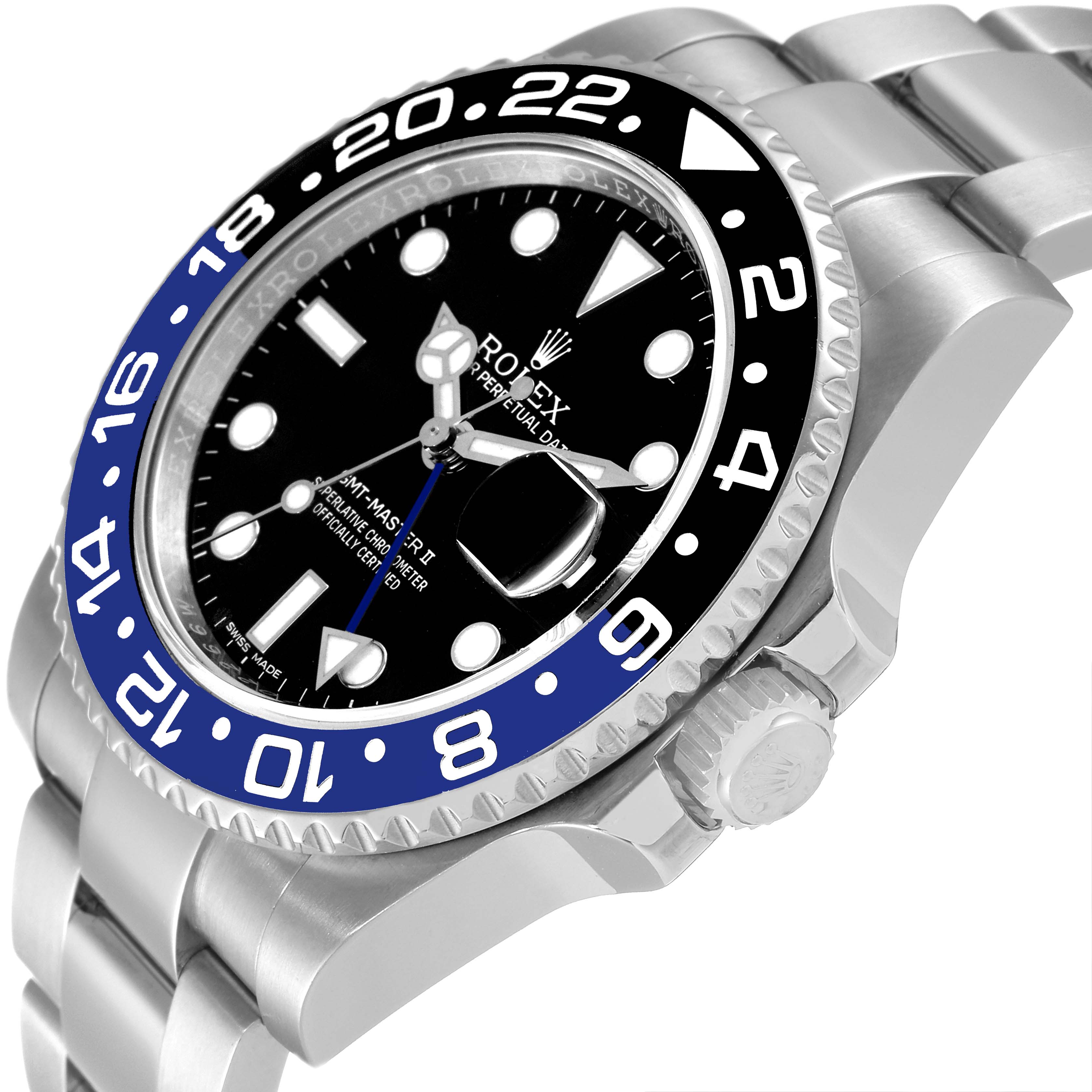 The image shows a close-up angle of a Rolex GMT-Master 116710 Men's Stainless Steel Black Dial 116710 Men's Stainless Steel Black Dial watch, highlighting the dial, bezel, and part of the bracelet.