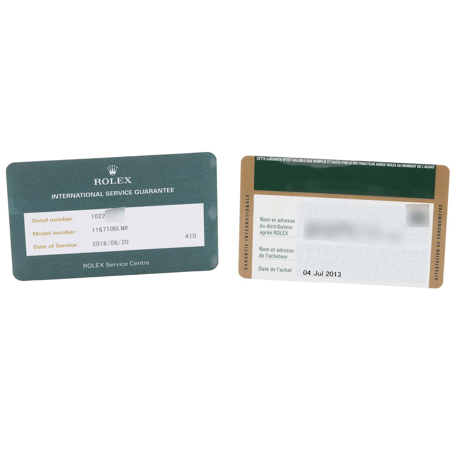 The image shows the International Guarantee and warranty cards for the Rolex GMT-Master 116710 Men's Stainless Steel Black Dial 116710 Men's Stainless Steel Black Dial model.