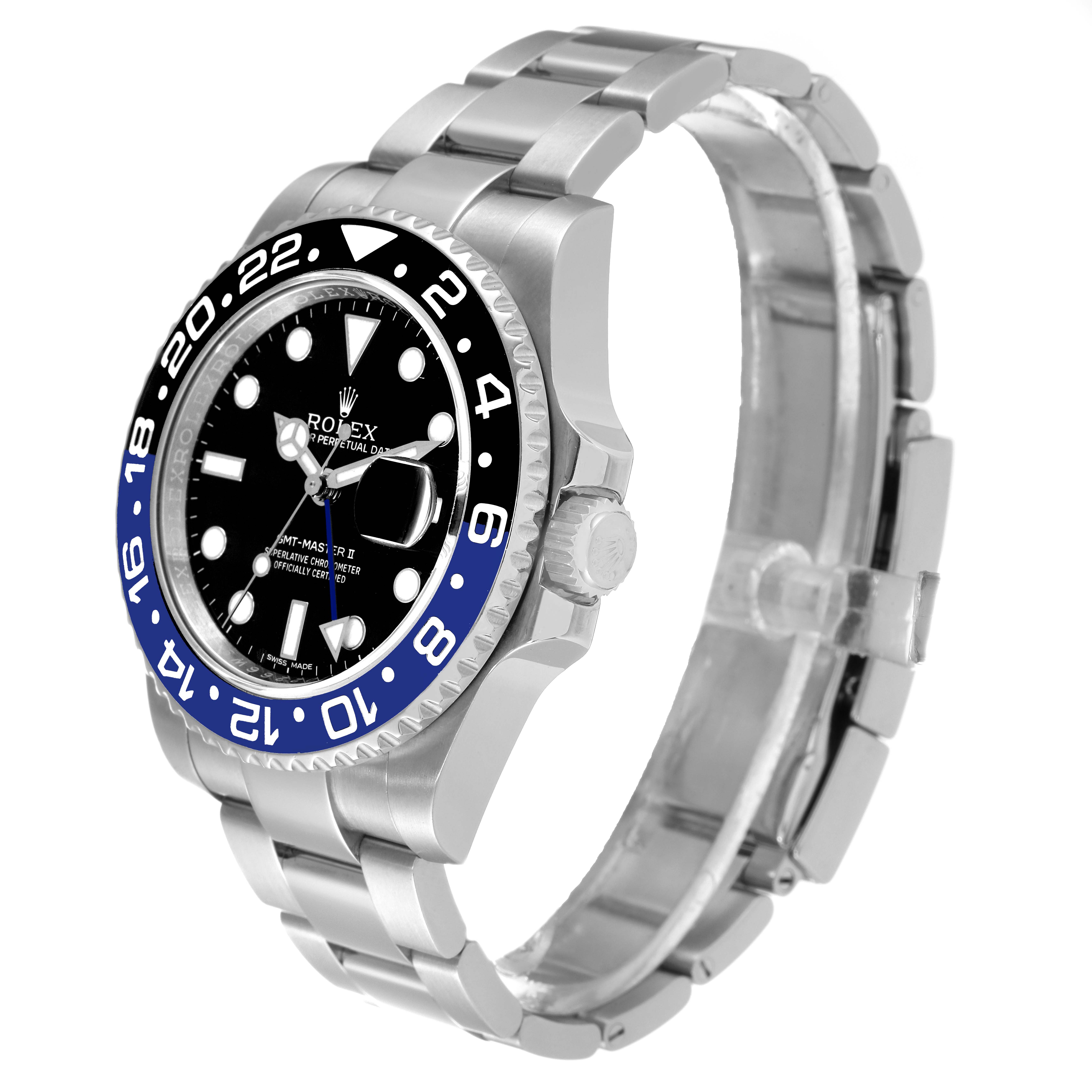 The image shows a side angle of the Rolex GMT-Master 116710 Men's Stainless Steel Black Dial 116710 Men's Stainless Steel Black Dial watch, displaying the bezel, dial, and bracelet.