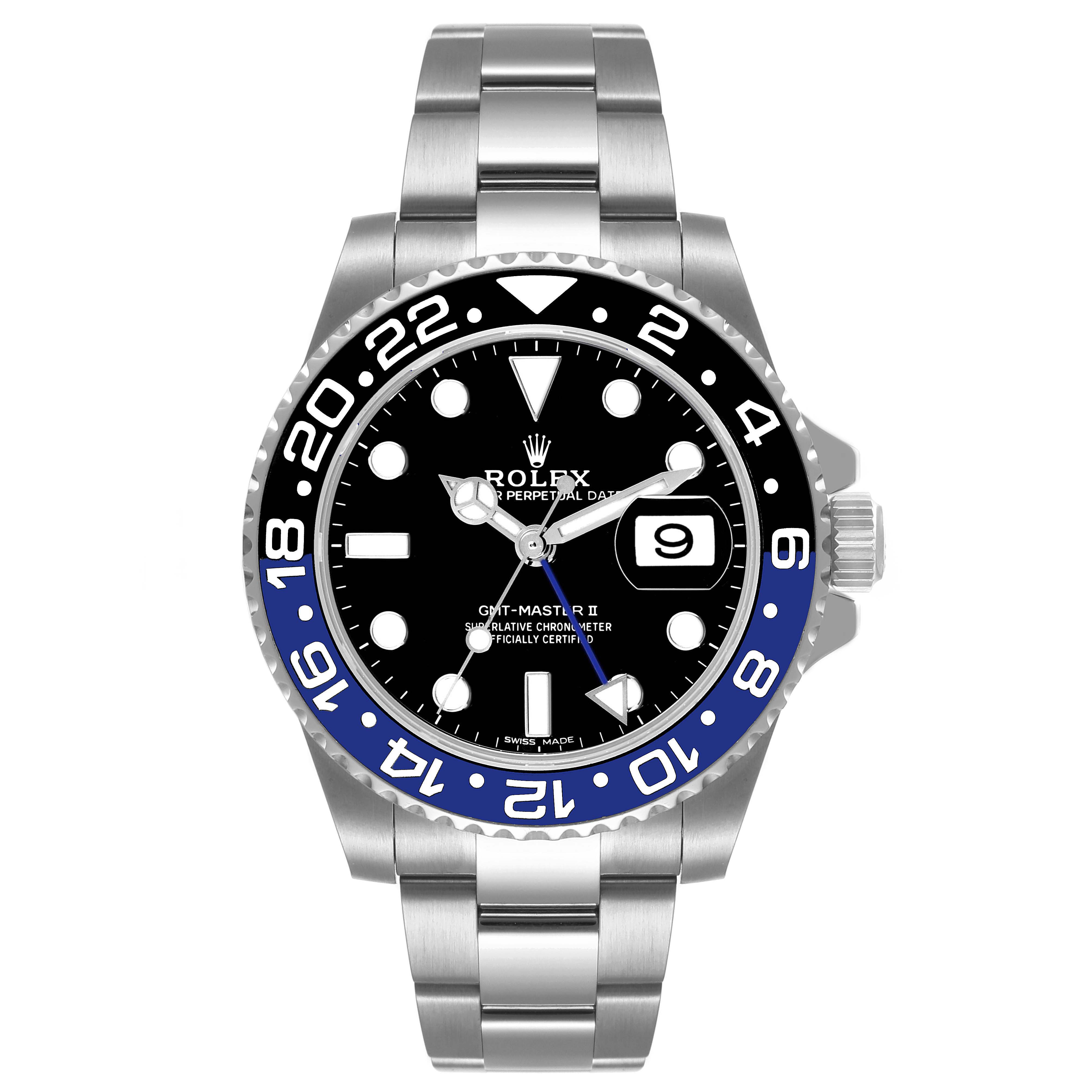 The image shows a front view of a Rolex GMT-Master 116710 Men's Stainless Steel Black Dial 116710 Men's Stainless Steel Black Dial II watch with a blue and black bezel, black dial, and stainless steel bracelet.