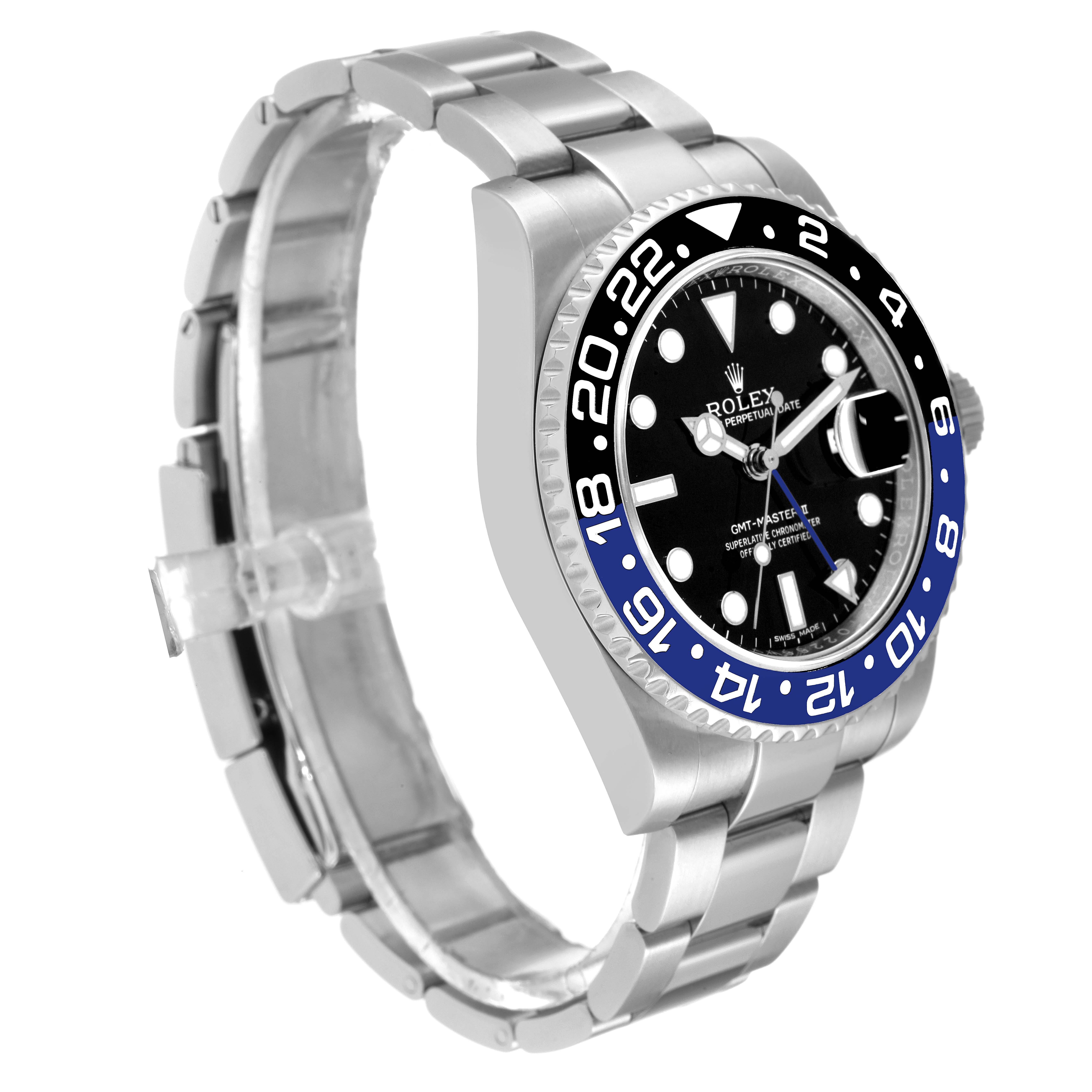 The image shows a Rolex GMT-Master 116710 Men's Stainless Steel Black Dial 116710 Men's Stainless Steel Black Dial watch at an angled side view, highlighting the bezel, dial, and bracelet.