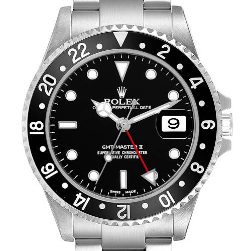 This image shows the front view of a Rolex GMT-Master II watch, highlighting the dial, bezel, and part of the bracelet.