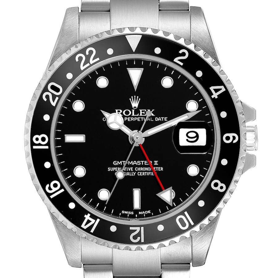 Rolex GMT Master II Black Bezel Dial Steel Mens Watch 16710 Box Papers SwissWatchExpo