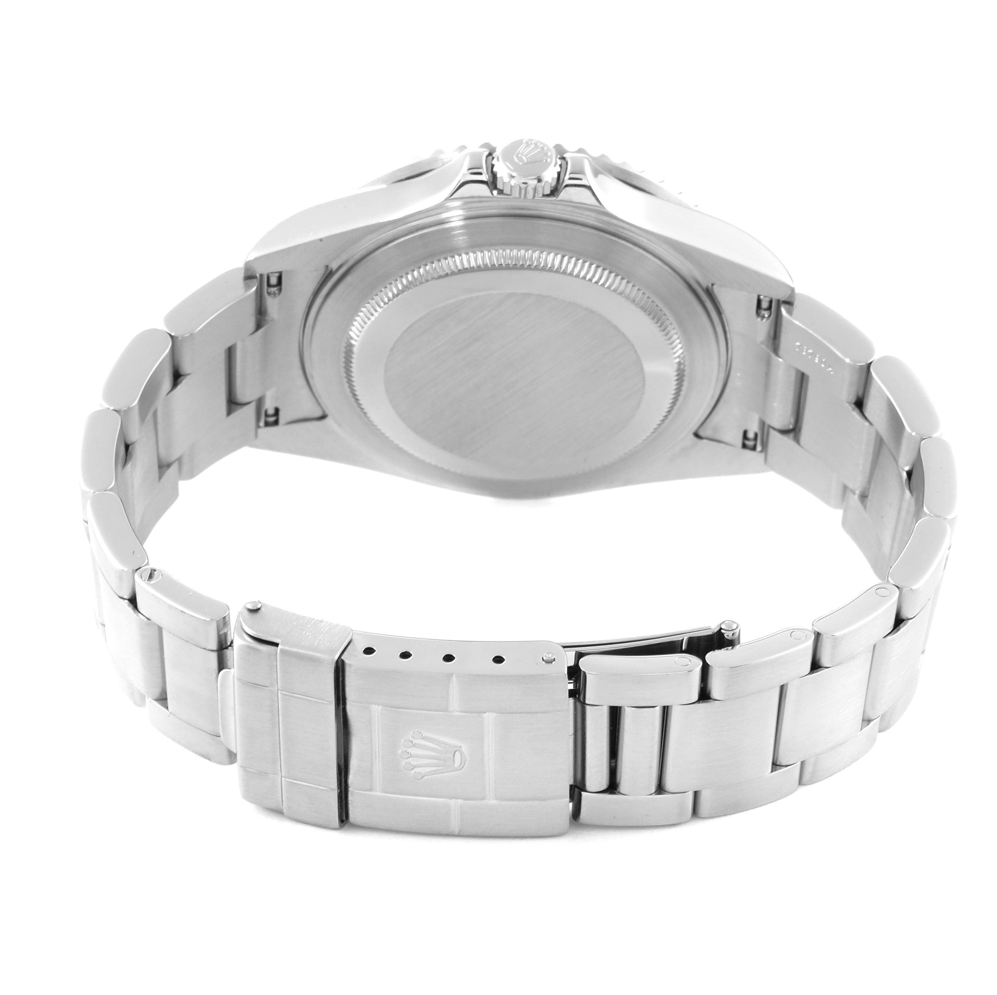 The Rolex GMT-Master 16710 Men's Stainless Steel Black Dial 16710 Men's Stainless Steel Black Dial watch is shown from the back, highlighting the case back, crown, and metal bracelet with clasp.