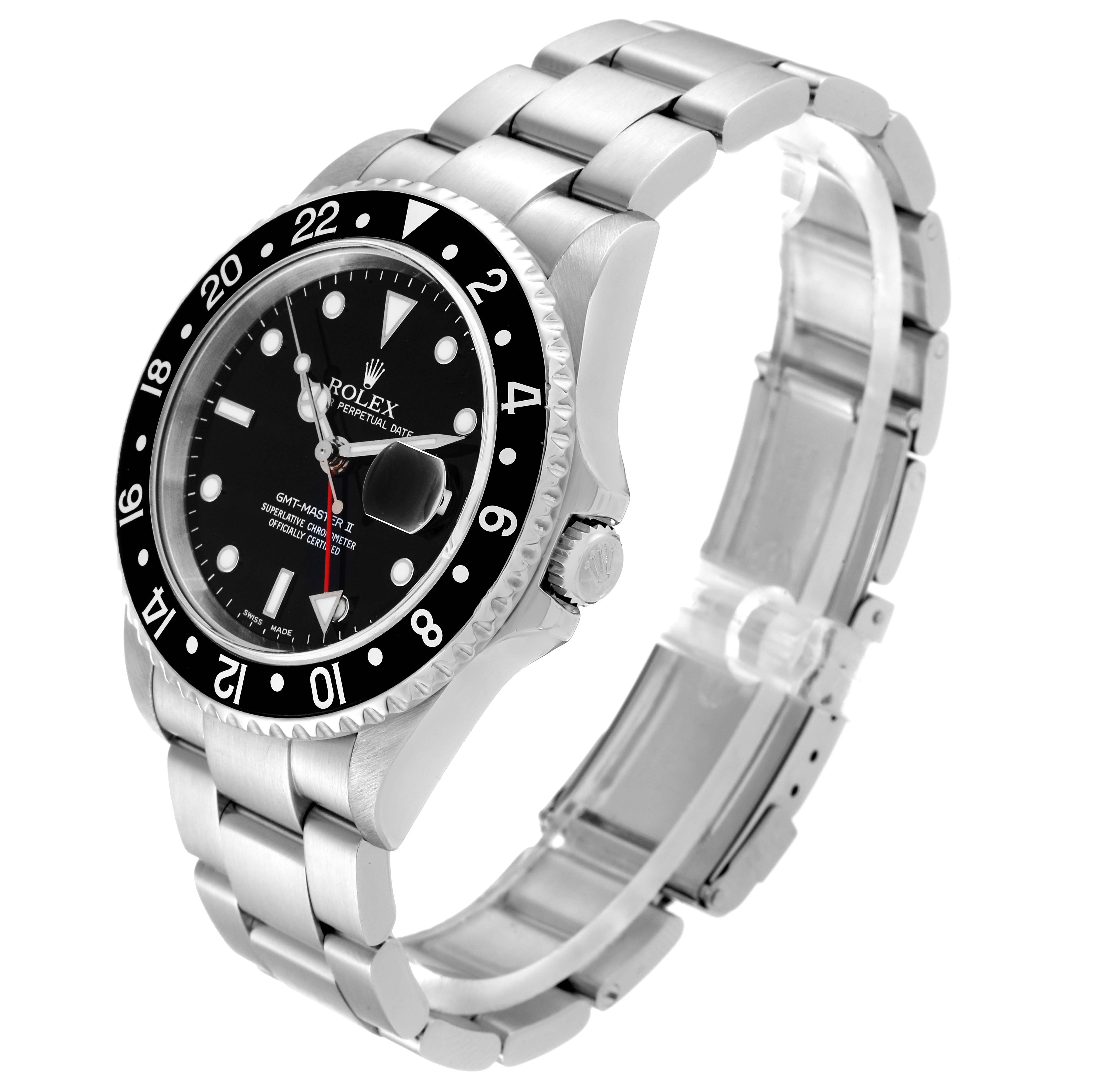 The image shows a side view of a Rolex GMT-Master 16710 Men's Stainless Steel Black Dial 16710 Men's Stainless Steel Black Dial watch, displaying the bracelet, bezel, dial, and crown.