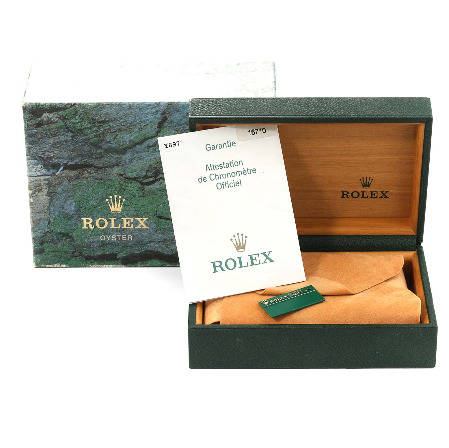 The image shows the packaging components of a Rolex GMT-Master 16710 Men's Stainless Steel Black Dial 16710 Men's Stainless Steel Black Dial, including the outer box, inner box, and documentation.