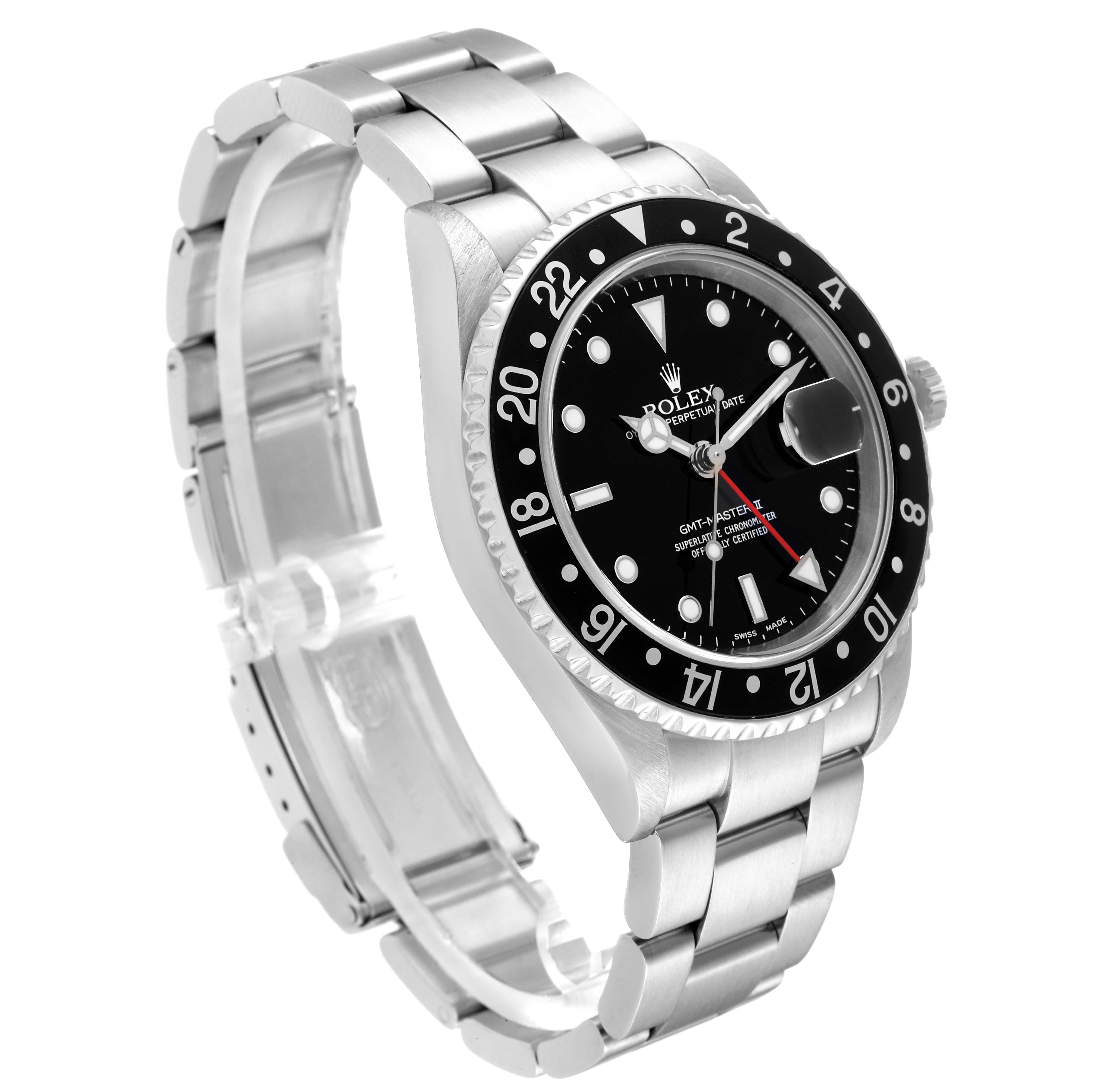 The Rolex GMT-Master 16710 Men's Stainless Steel Black Dial 16710 Men's Stainless Steel Black Dial watch is shown at a three-quarter angle, displaying its face, bezel, crown, and bracelet.