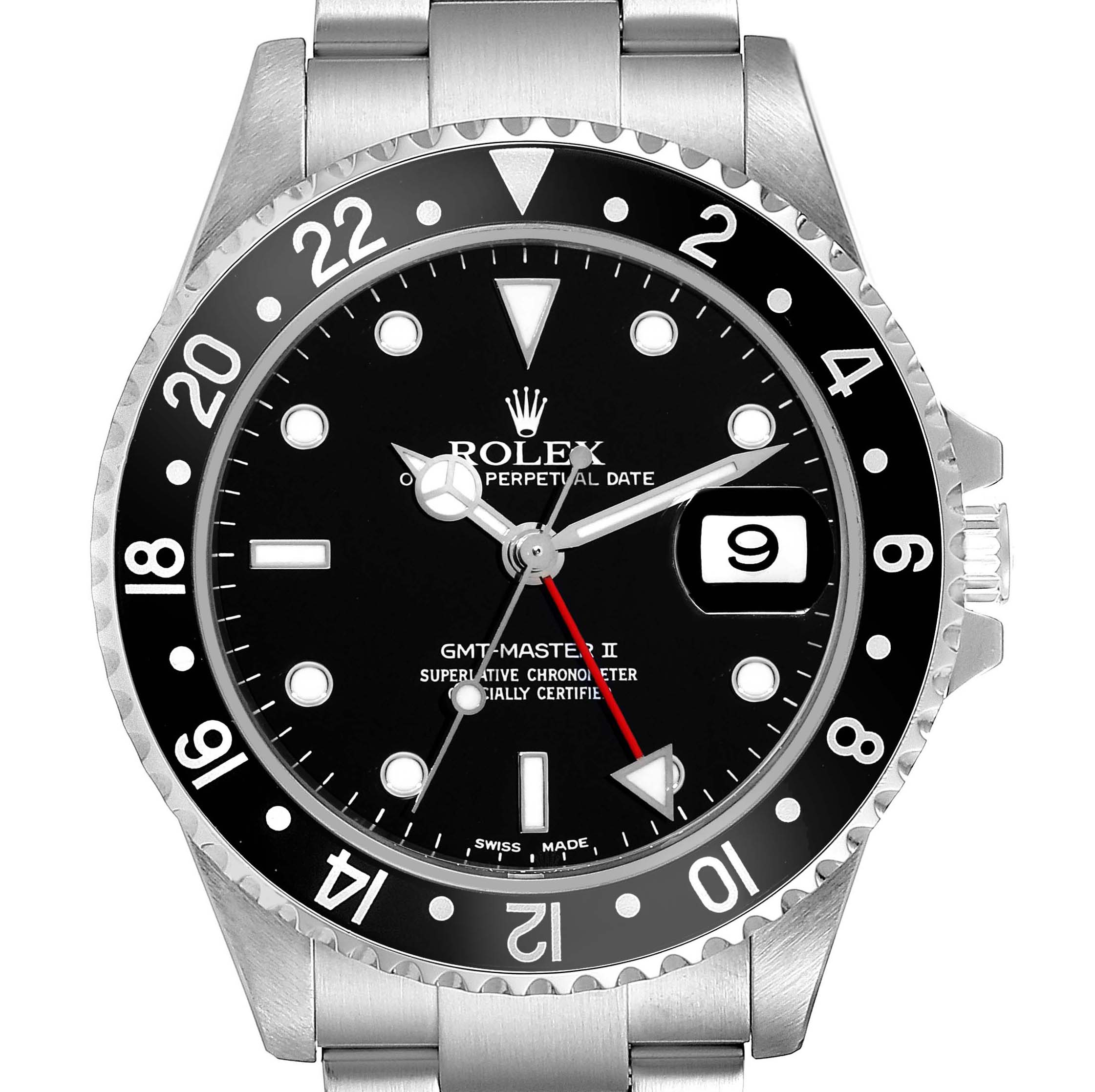 The Rolex GMT-Master 16710 Men's Stainless Steel Black Dial 16710 Men's Stainless Steel Black Dial watch is shown from the front, highlighting the dial, bezel, and part of the bracelet.