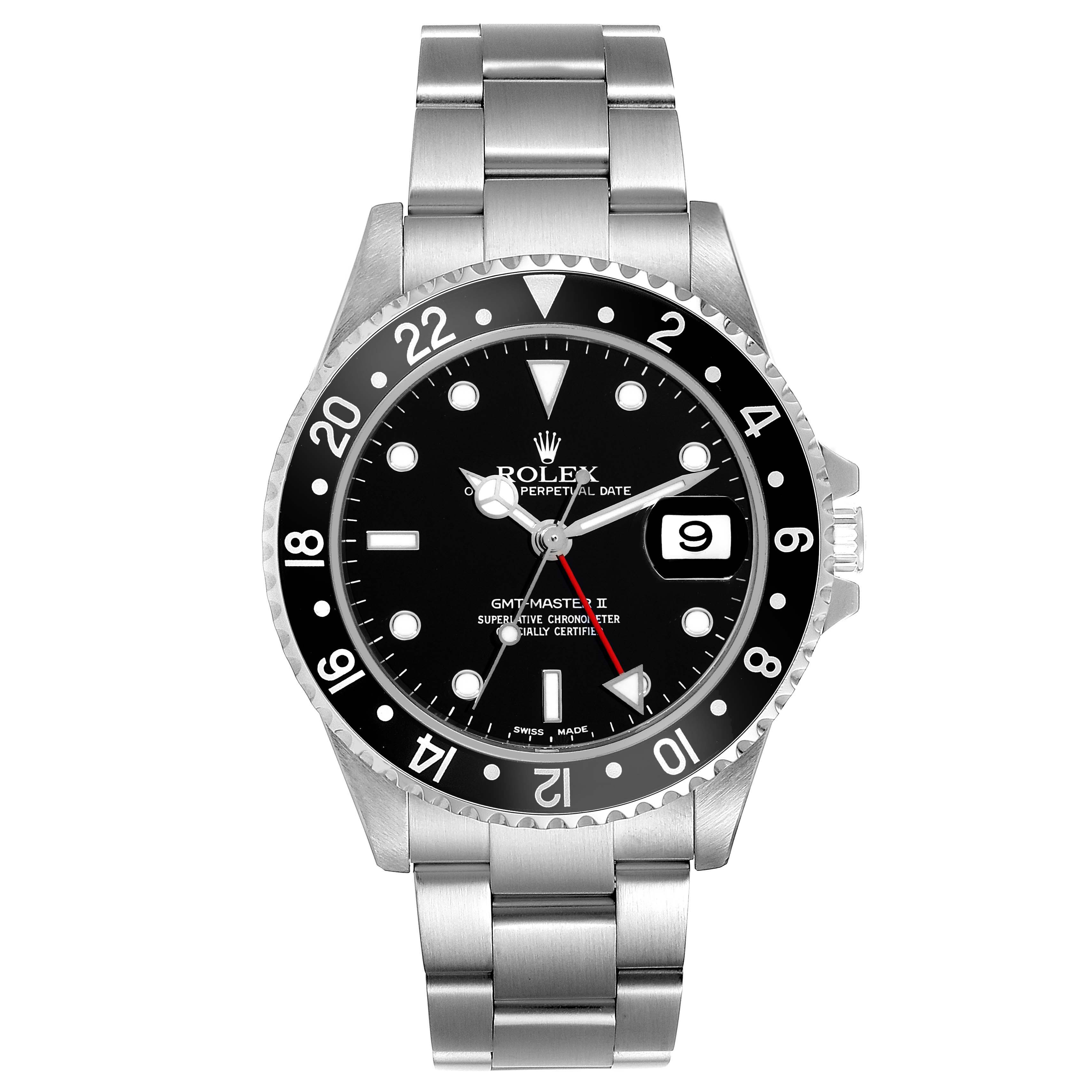 The Rolex GMT-Master 16710 Men's Stainless Steel Black Dial 16710 Men's Stainless Steel Black Dial watch is shown from the front, displaying the bezel, dial, hands, and full bracelet.