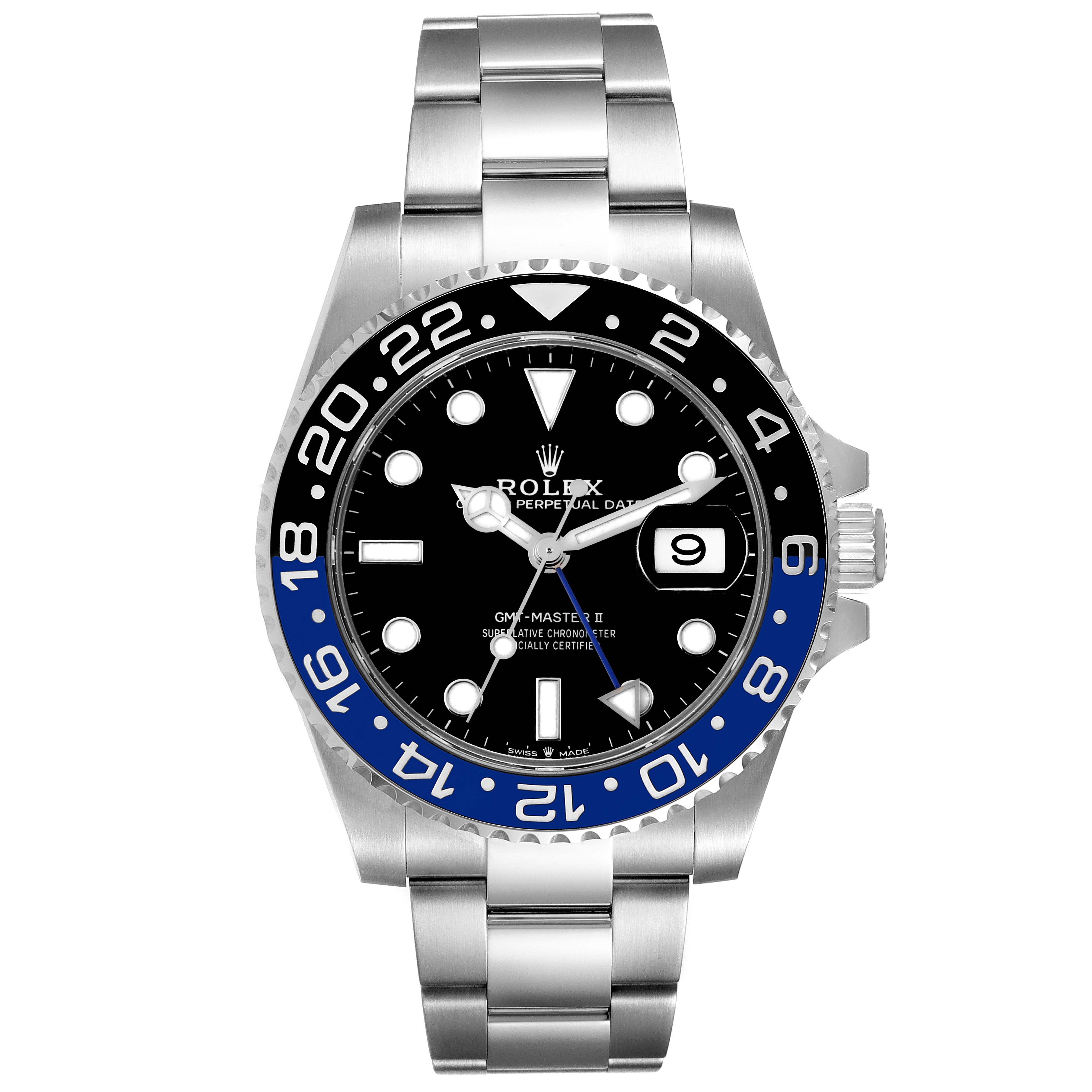 This image shows a front view of the Rolex GMT-Master 126710 Men
s Stainless Steel Black Dial 126710 Men
s Stainless Steel Black Dial II watch, showcasing the dial, bezel, and bracelet.