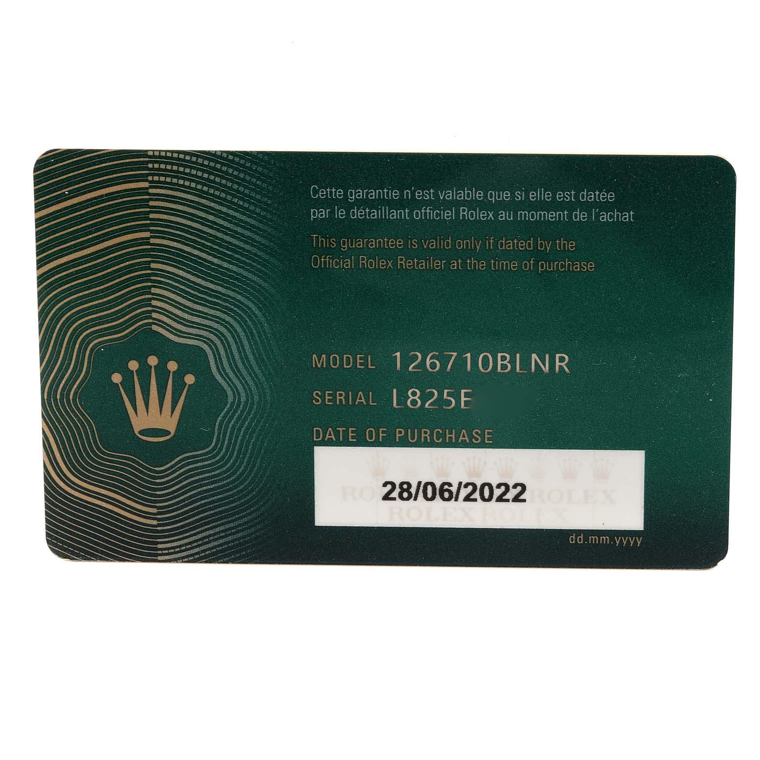 The image shows the guarantee card for a Rolex GMT-Master 126710 Men
s Stainless Steel Black Dial 126710 Men
s Stainless Steel Black Dial model 126710BLNR, including the serial number and date of purchase.