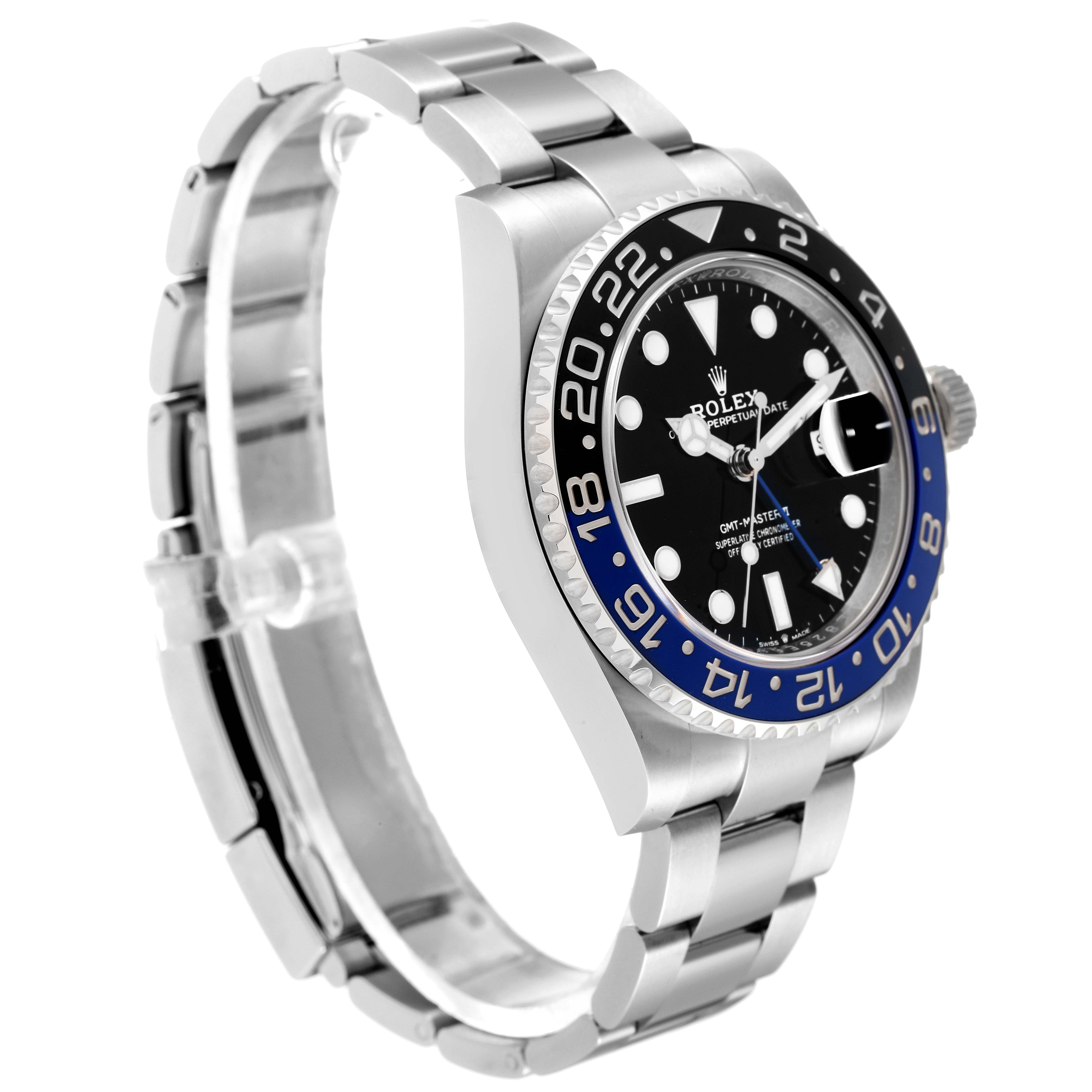 The image shows a side angle of a Rolex GMT-Master 126710 Men
s Stainless Steel Black Dial 126710 Men
s Stainless Steel Black Dial watch, highlighting its stainless steel bracelet, bezel, and black dial.