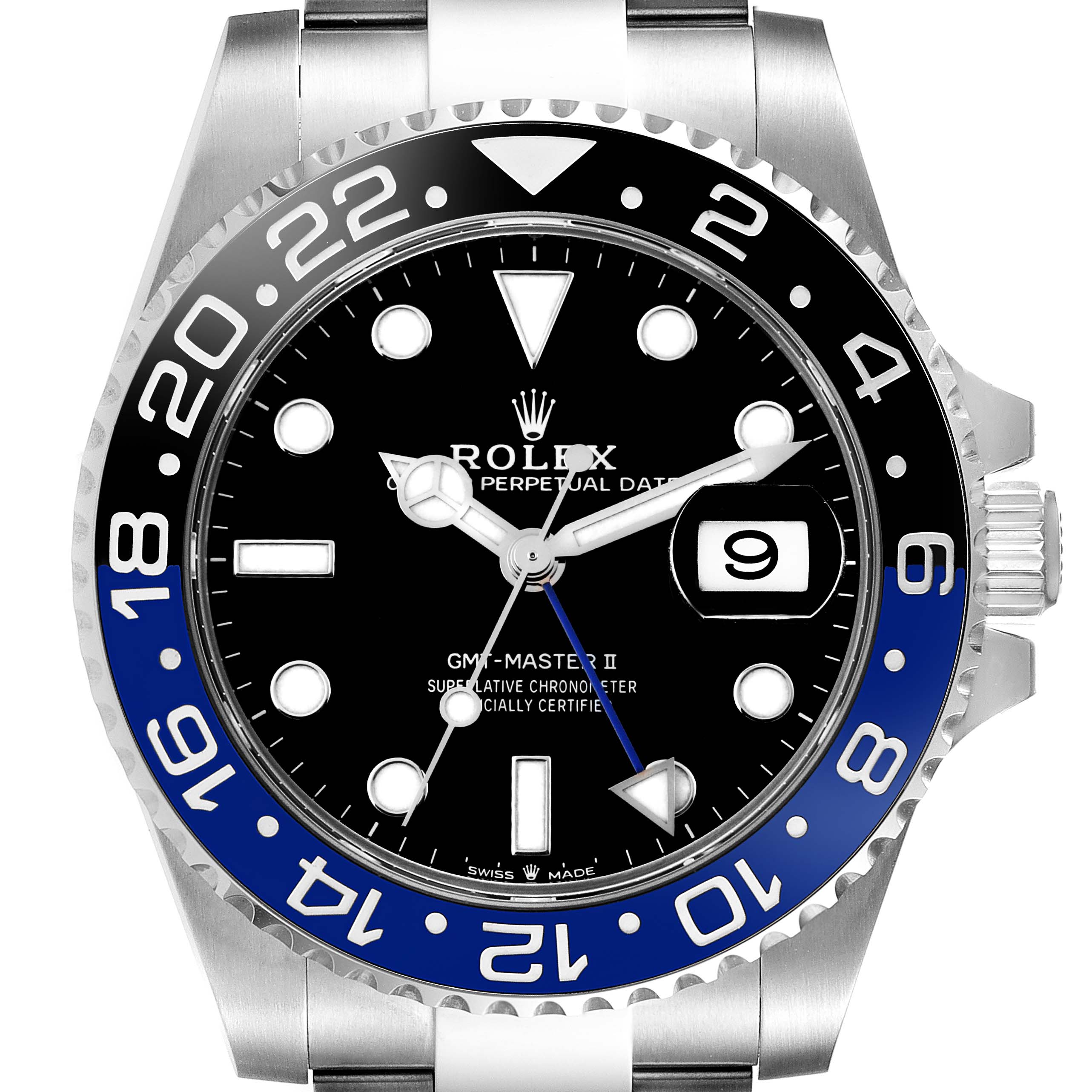 The image shows a front view of a Rolex GMT-Master 126710 Men
s Stainless Steel Black Dial 126710 Men
s Stainless Steel Black Dial II watch, displaying its black and blue bezel, dial, and date window.