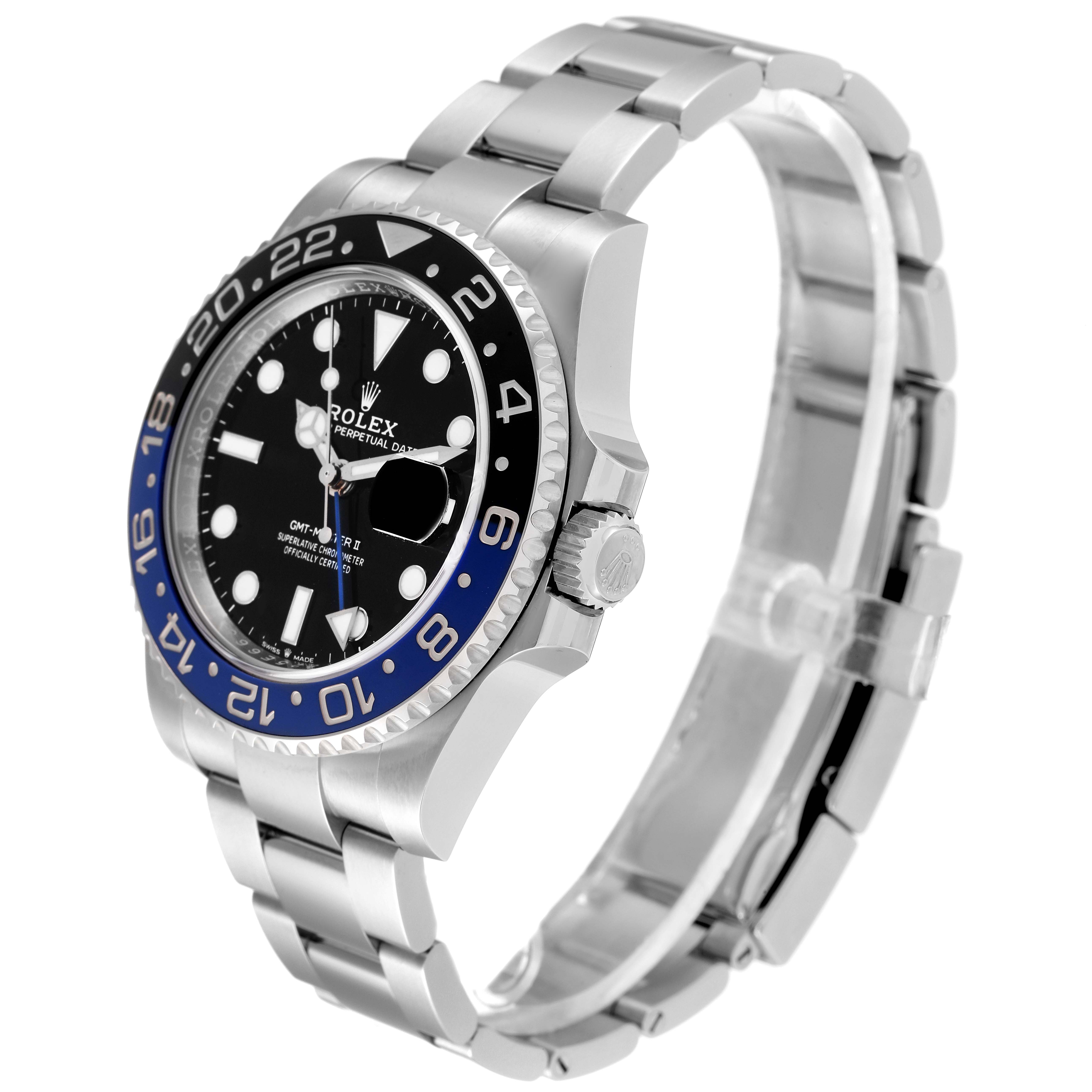 This image shows a side angle view of the Rolex GMT-Master 126710 Men
s Stainless Steel Black Dial 126710 Men
s Stainless Steel Black Dial watch, highlighting the bracelet, bezel, and dial.