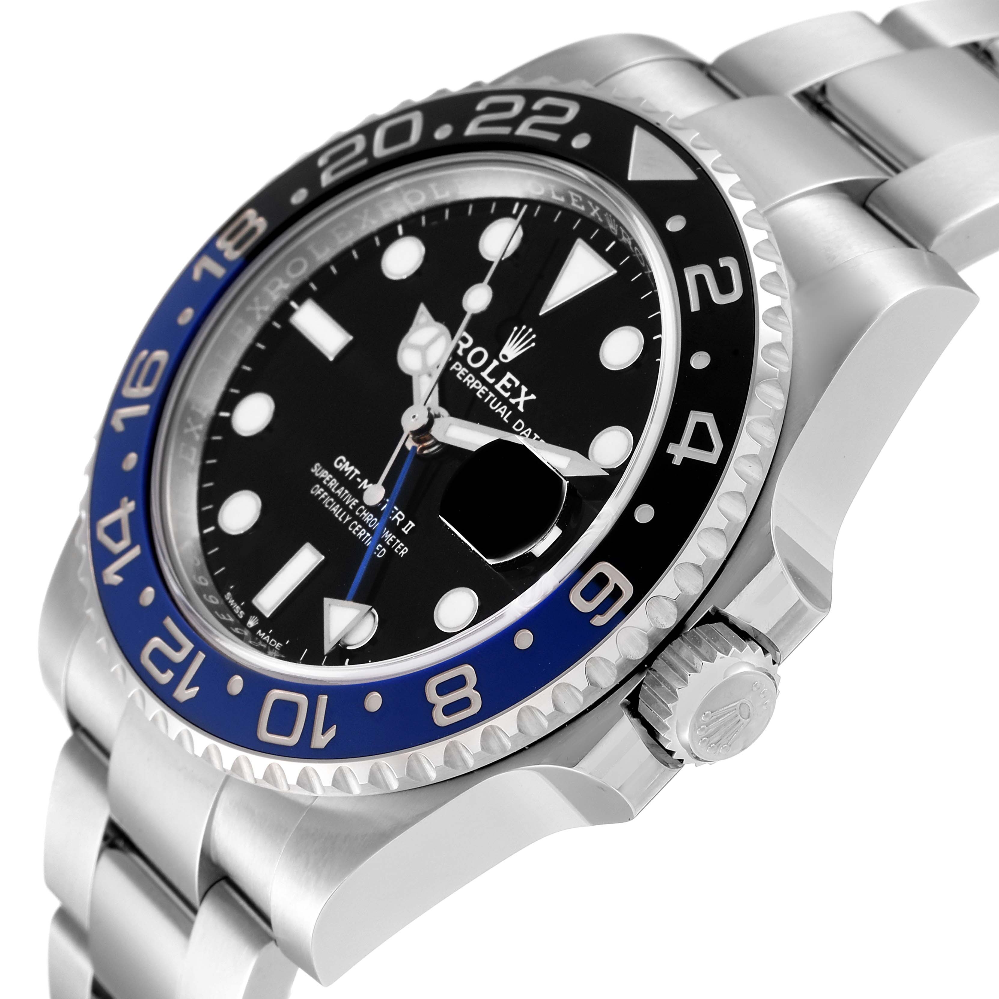 The image shows a side-angle view of a Rolex GMT-Master 126710 Men
s Stainless Steel Black Dial 126710 Men
s Stainless Steel Black Dial watch, highlighting the bezel, dial, and part of the bracelet.