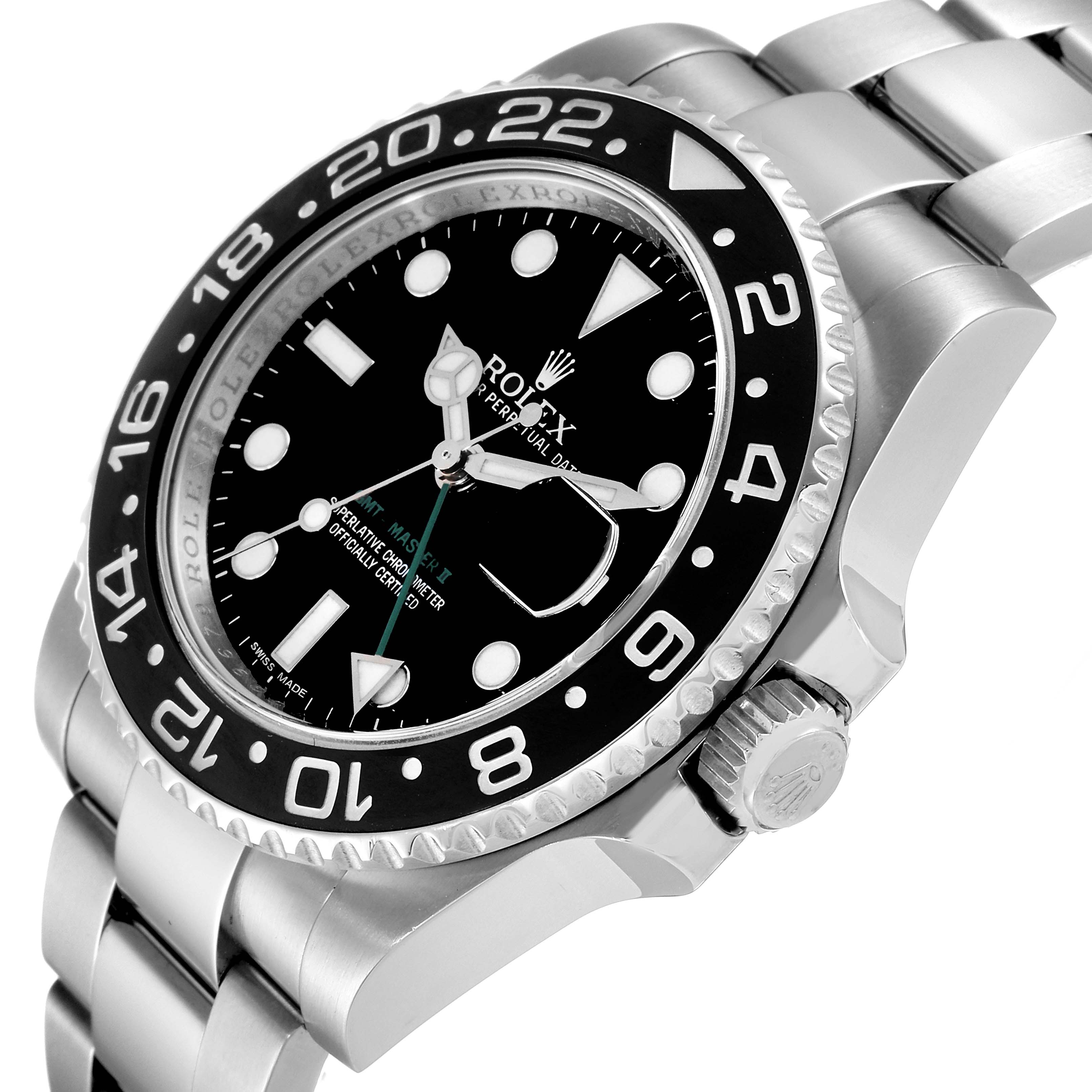 The image shows the Rolex GMT-Master 116710 Men's Stainless Steel Black Dial 116710 Men's Stainless Steel Black Dial watch at a right-side angle, highlighting the face, bezel, crown, and bracelet.
