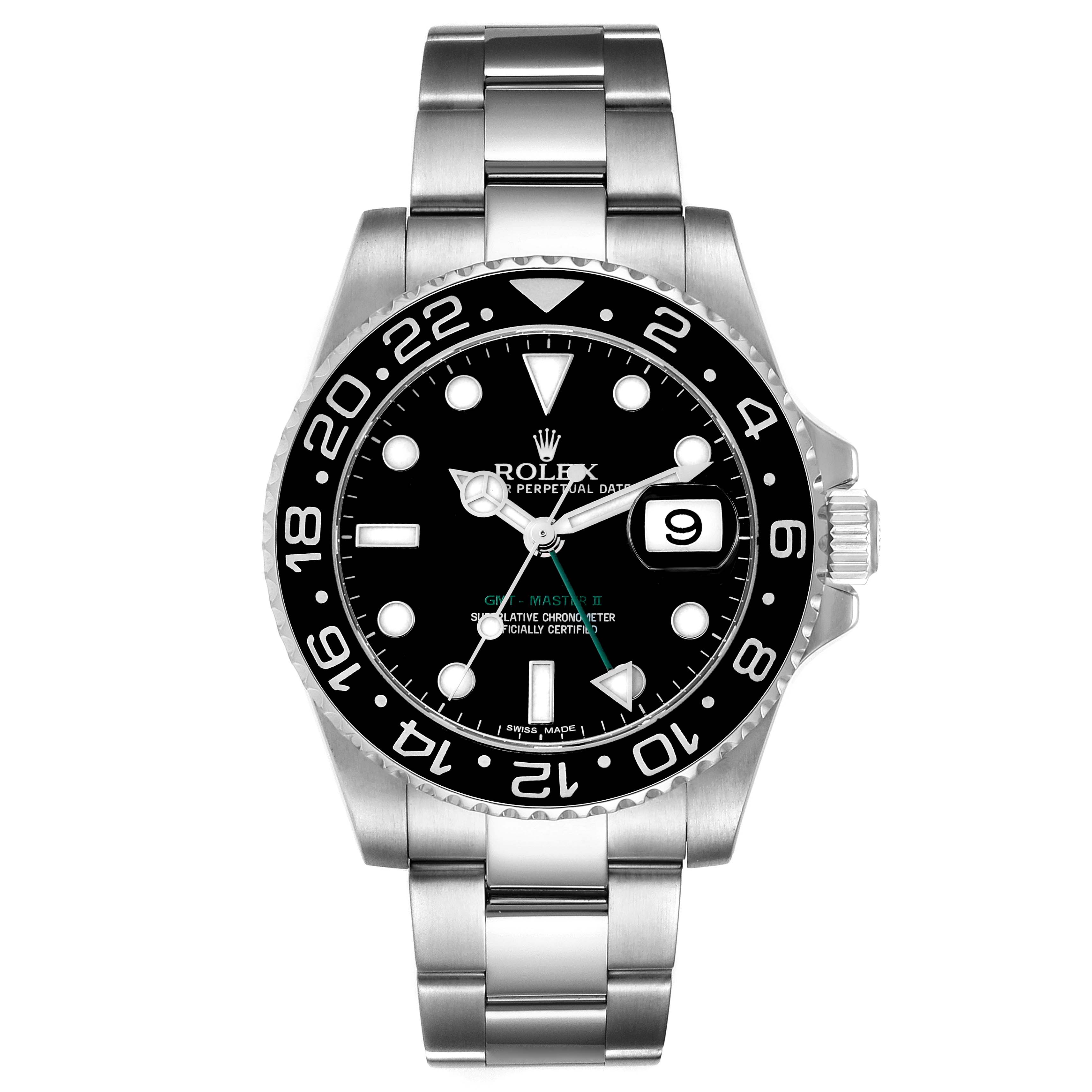 The image shows a front view of a Rolex GMT-Master 116710 Men's Stainless Steel Black Dial 116710 Men's Stainless Steel Black Dial watch, displaying the face, bezel, crown, and bracelet.