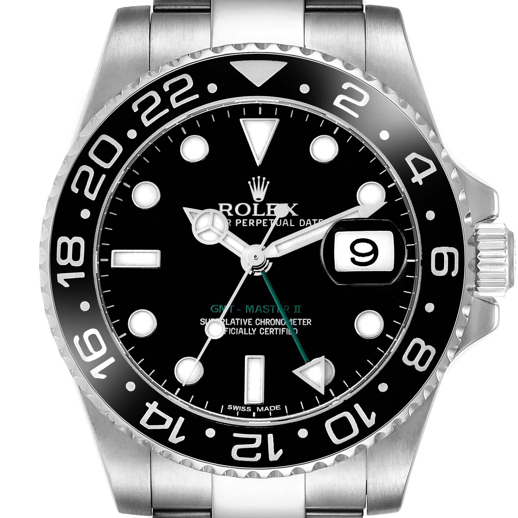 This image displays a Rolex GMT-Master 116710 Men's Stainless Steel Black Dial 116710 Men's Stainless Steel Black Dial II watch from a front angle, showcasing the bezel, dial, hands, and date window.