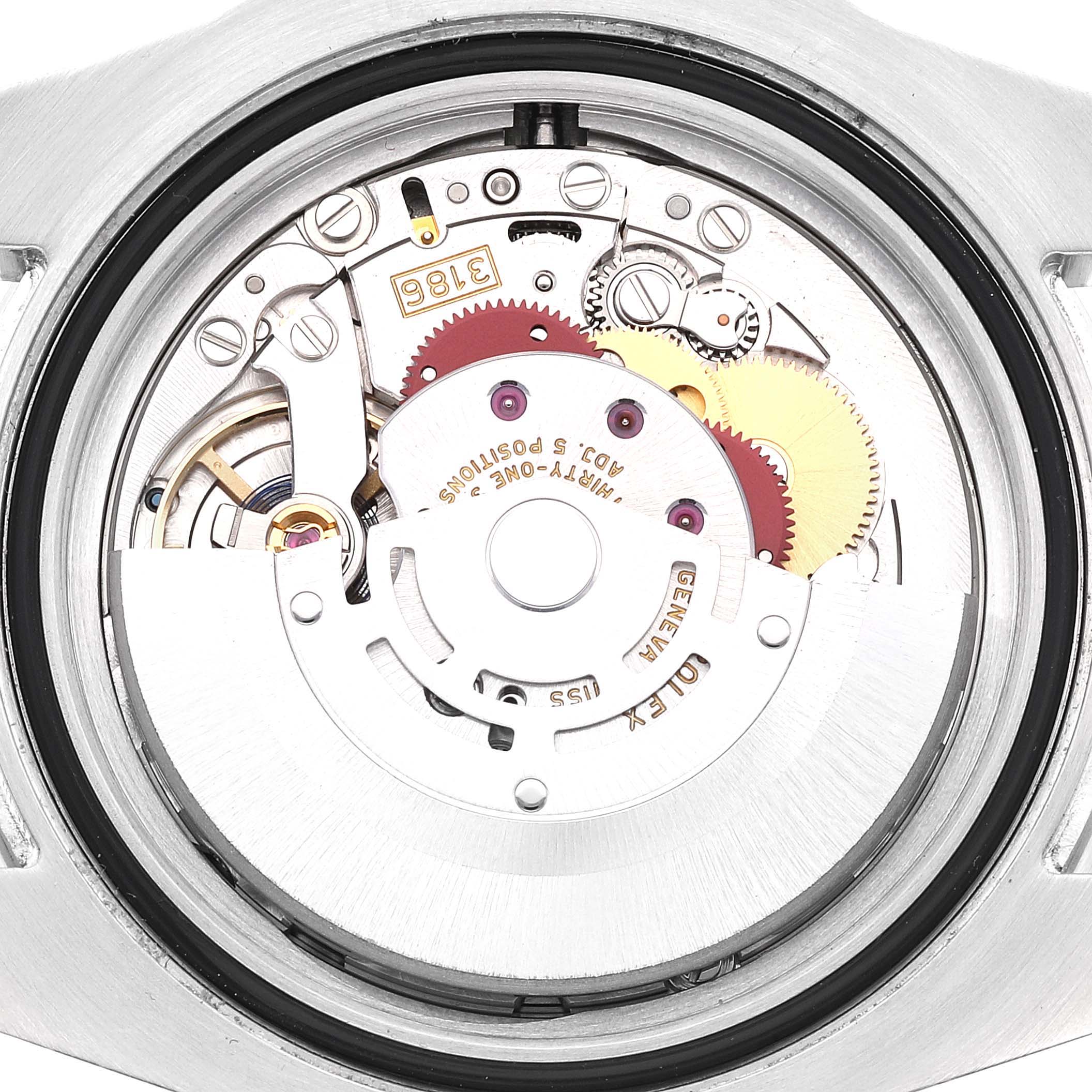 The image shows an open back view of the Rolex GMT-Master 116710 Men's Stainless Steel Black Dial 116710 Men's Stainless Steel Black Dial watch, highlighting its intricate movement and internal components.