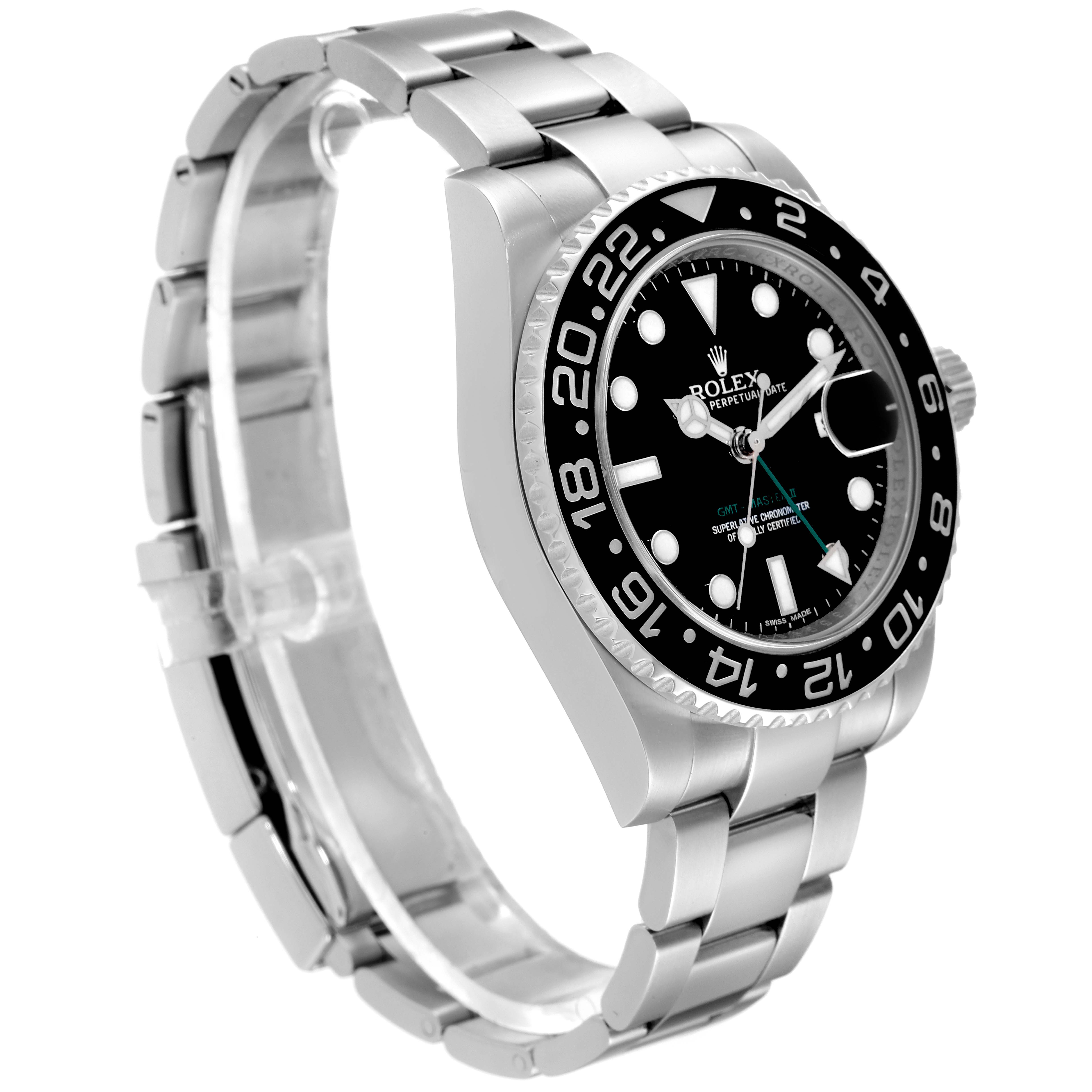 The Rolex GMT-Master 116710 Men's Stainless Steel Black Dial 116710 Men's Stainless Steel Black Dial watch is shown at an angle revealing its bezel, dial, and bracelet.