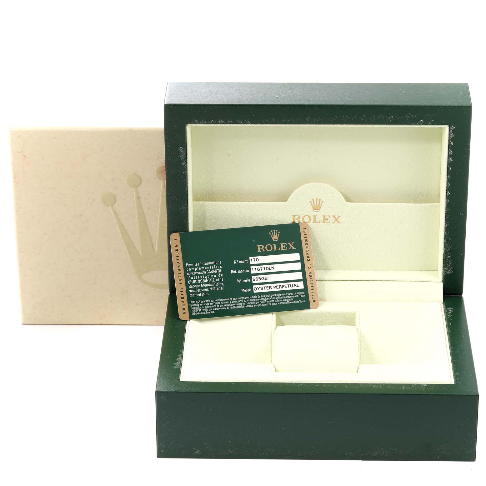 This image shows a Rolex GMT-Master 116710 Men's Stainless Steel Black Dial 116710 Men's Stainless Steel Black Dial watch box with an authenticity card at an angle displaying the interior and exterior packaging.