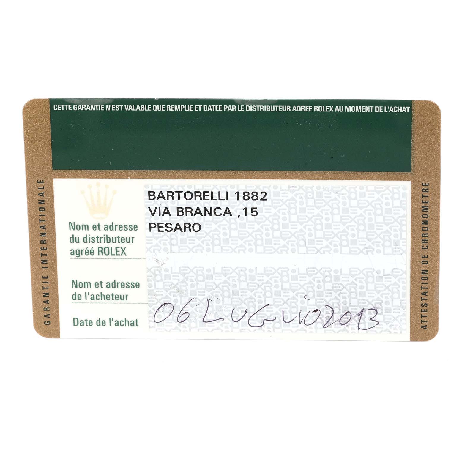 This is a warranty card for a Rolex GMT-Master 116710 Men's Stainless Steel Black Dial 116710 Men's Stainless Steel Black Dial watch, showing the purchaser's information and purchase date.