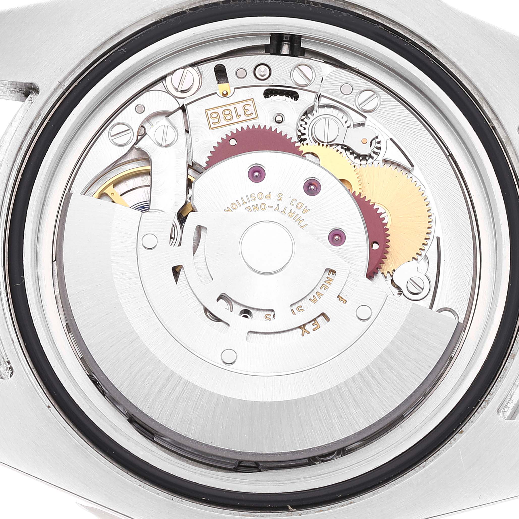 This is an internal view of the Rolex GMT-Master 116710 Men's Stainless Steel Black Dial 116710 Men's Stainless Steel Black Dial watch, showcasing its movement and mechanism components.