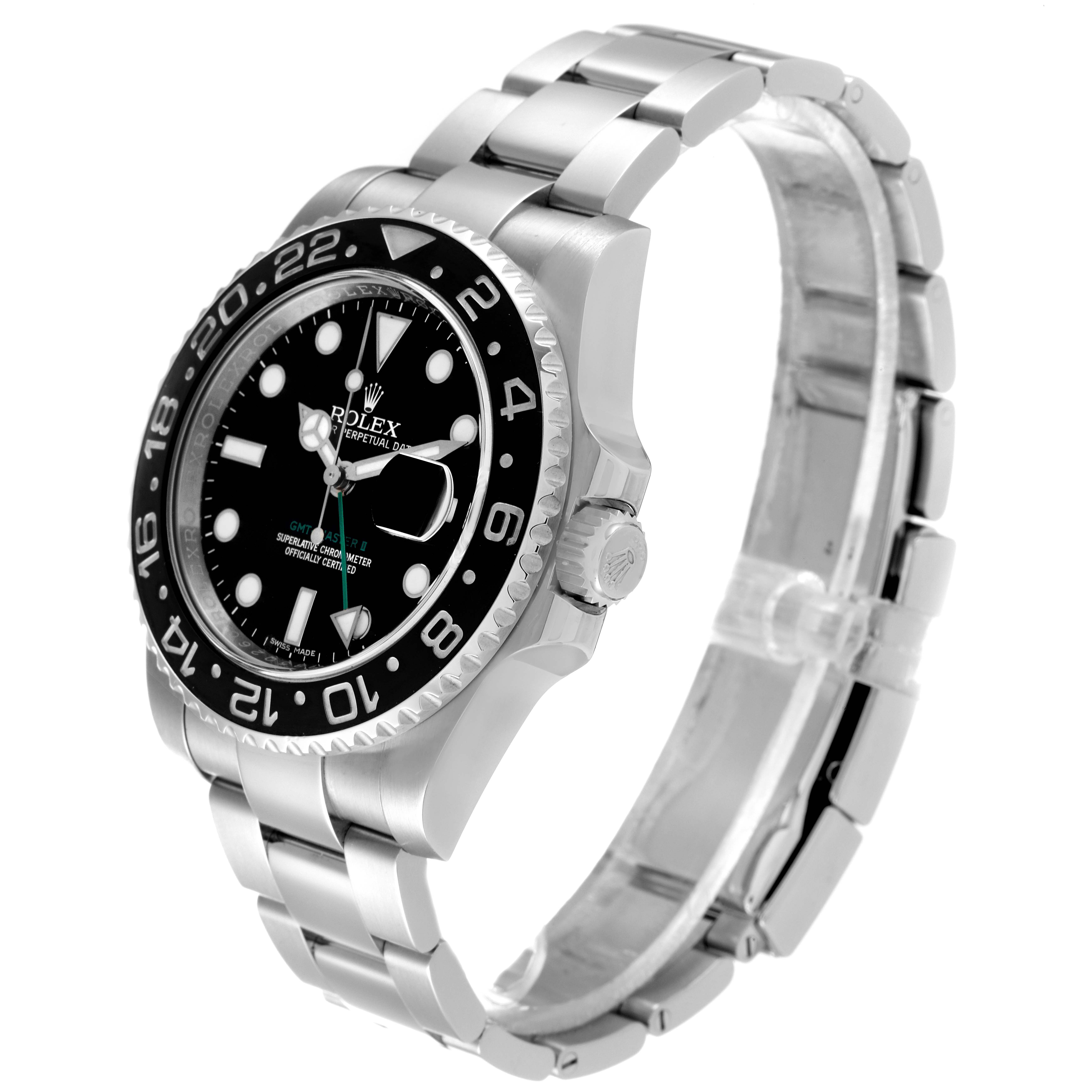 The Rolex GMT-Master 116710 Men's Stainless Steel Black Dial 116710 Men's Stainless Steel Black Dial watch is shown at a side angle, displaying the face, bezel, crown, and bracelet.