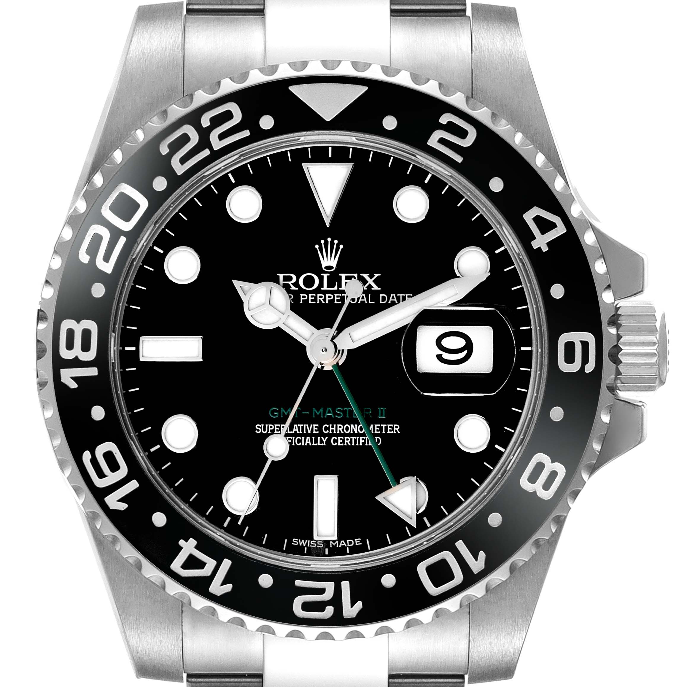 This is a Rolex GMT-Master 116710 Men's Stainless Steel Black Dial 116710 Men's Stainless Steel Black Dial II watch shown from a front angle, displaying the bezel, dial, hands, and crown.