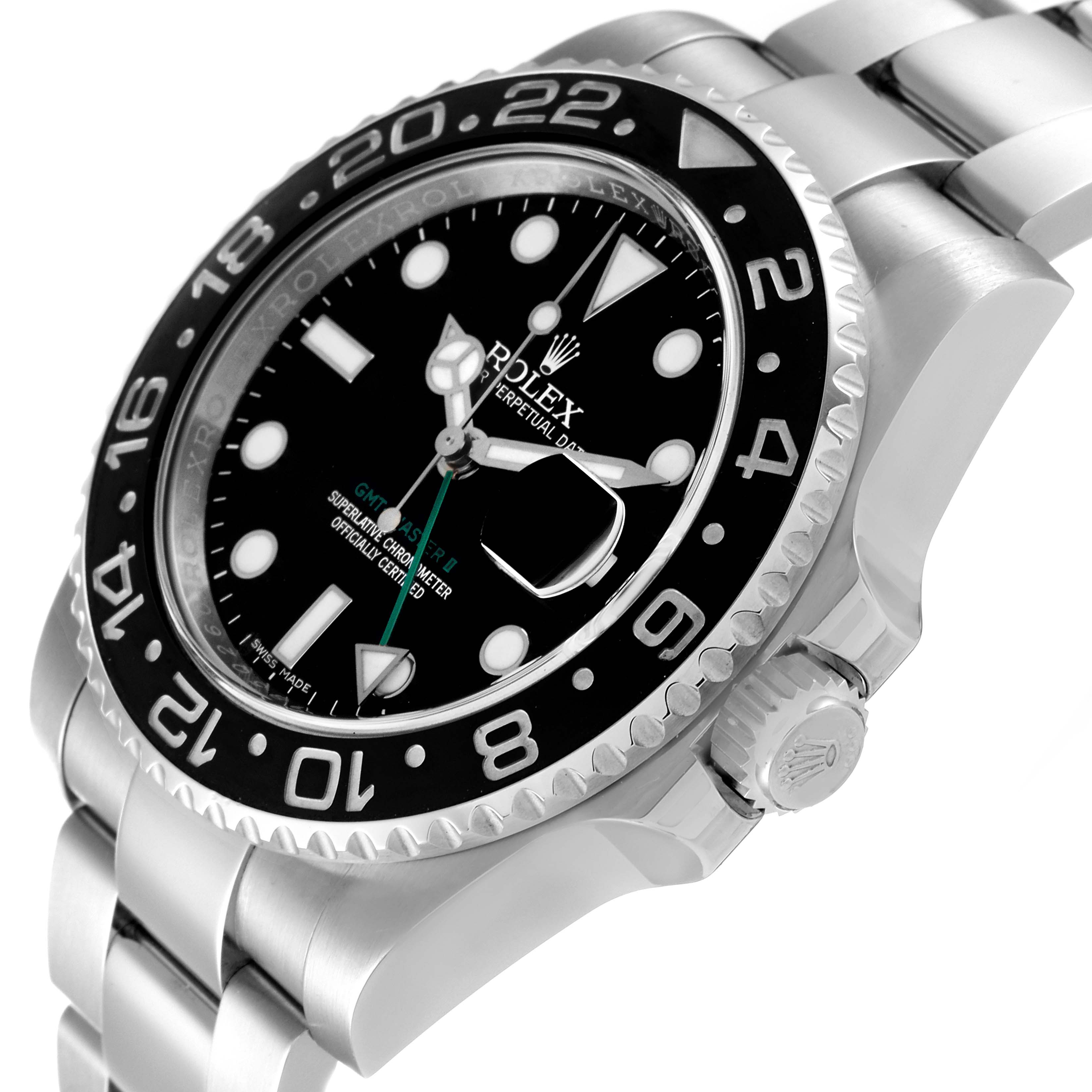 The image shows a close-up angled view of a Rolex GMT-Master 116710 Men's Stainless Steel Black Dial 116710 Men's Stainless Steel Black Dial watch, highlighting its bezel, dial, and crown.