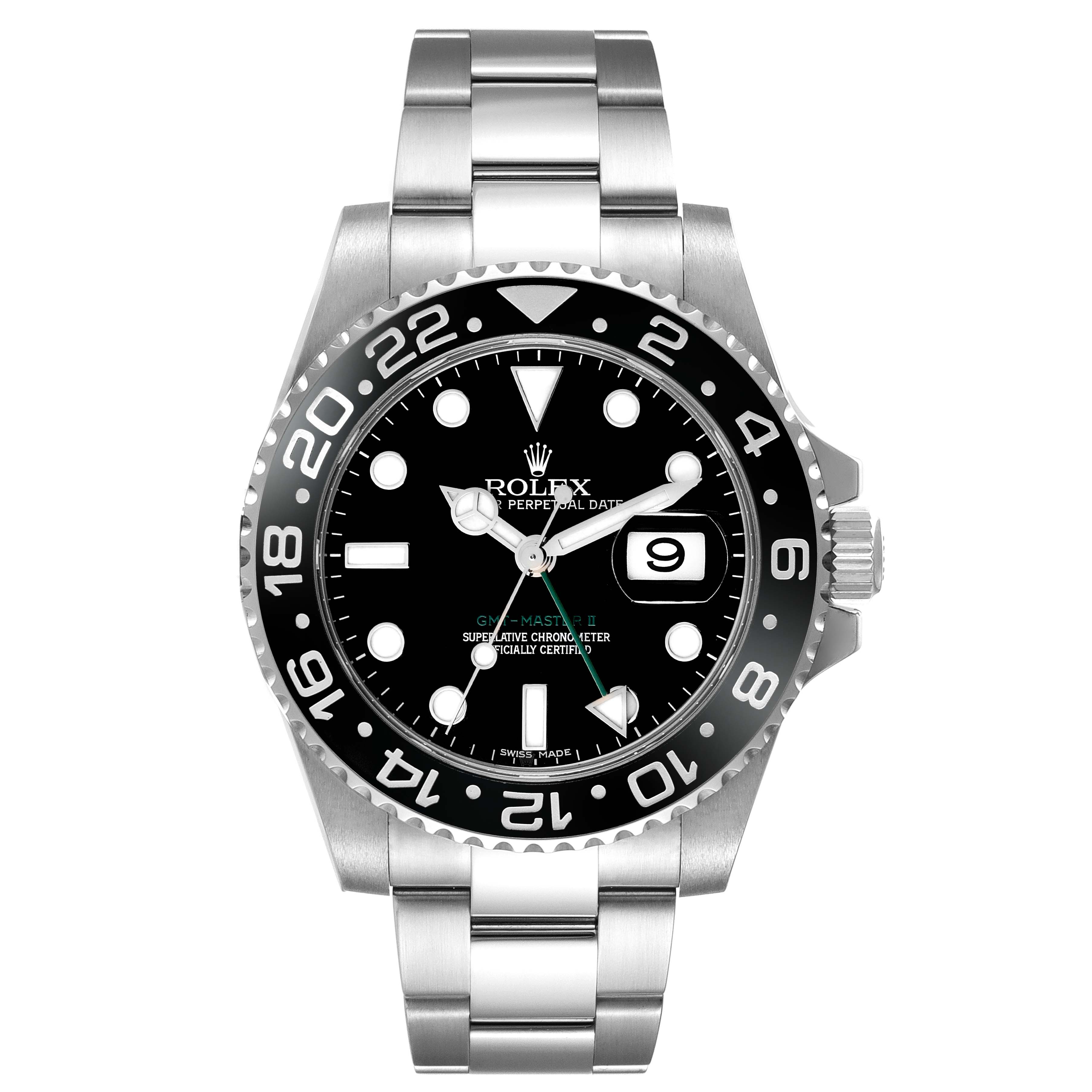 The image shows a front view of a Rolex GMT-Master 116710 Men's Stainless Steel Black Dial 116710 Men's Stainless Steel Black Dial watch displaying the dial, bezel, crown, and stainless steel bracelet.
