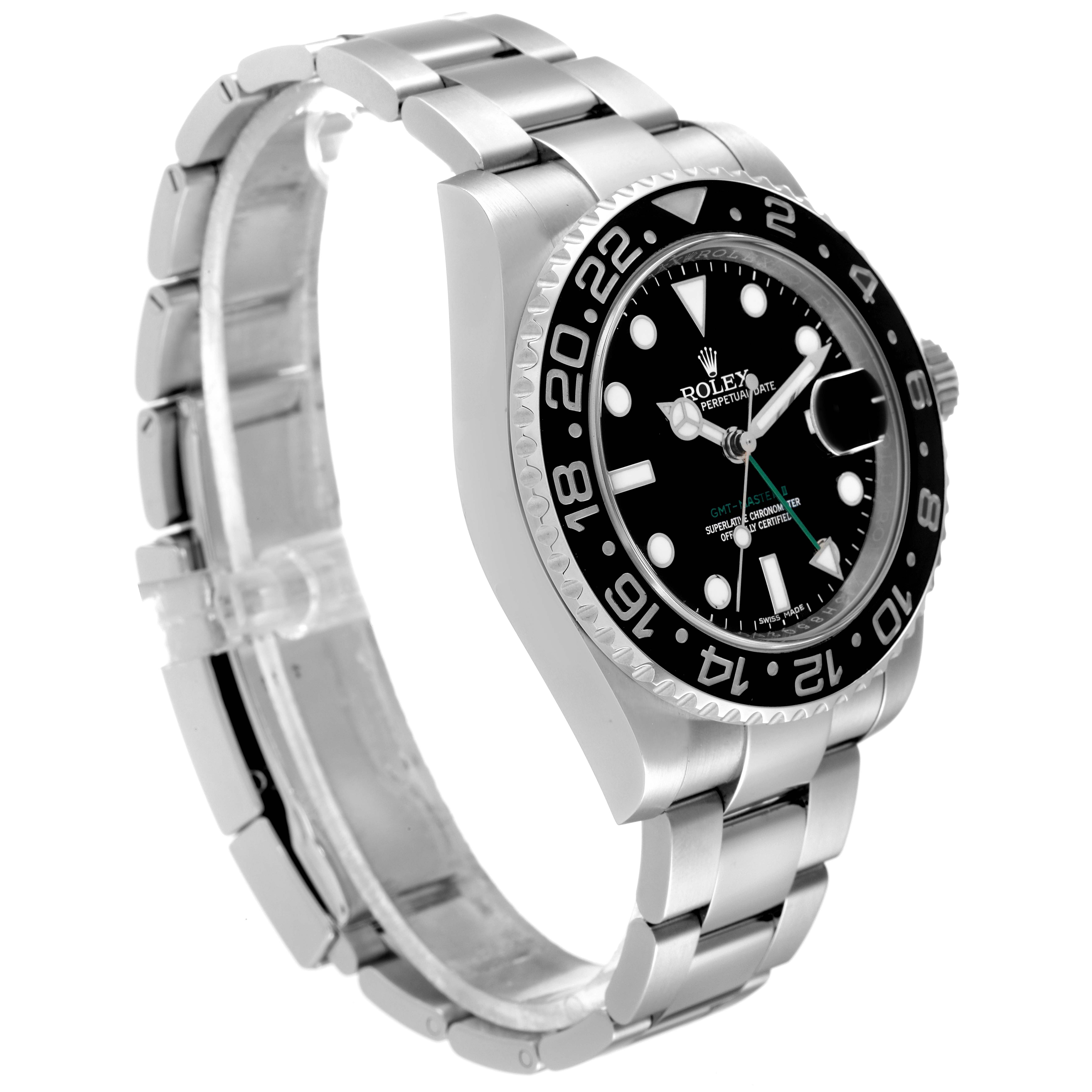 The image shows a side view of the Rolex GMT-Master 116710 Men's Stainless Steel Black Dial 116710 Men's Stainless Steel Black Dial watch, highlighting its bezel, dial, bracelet, and clasp.