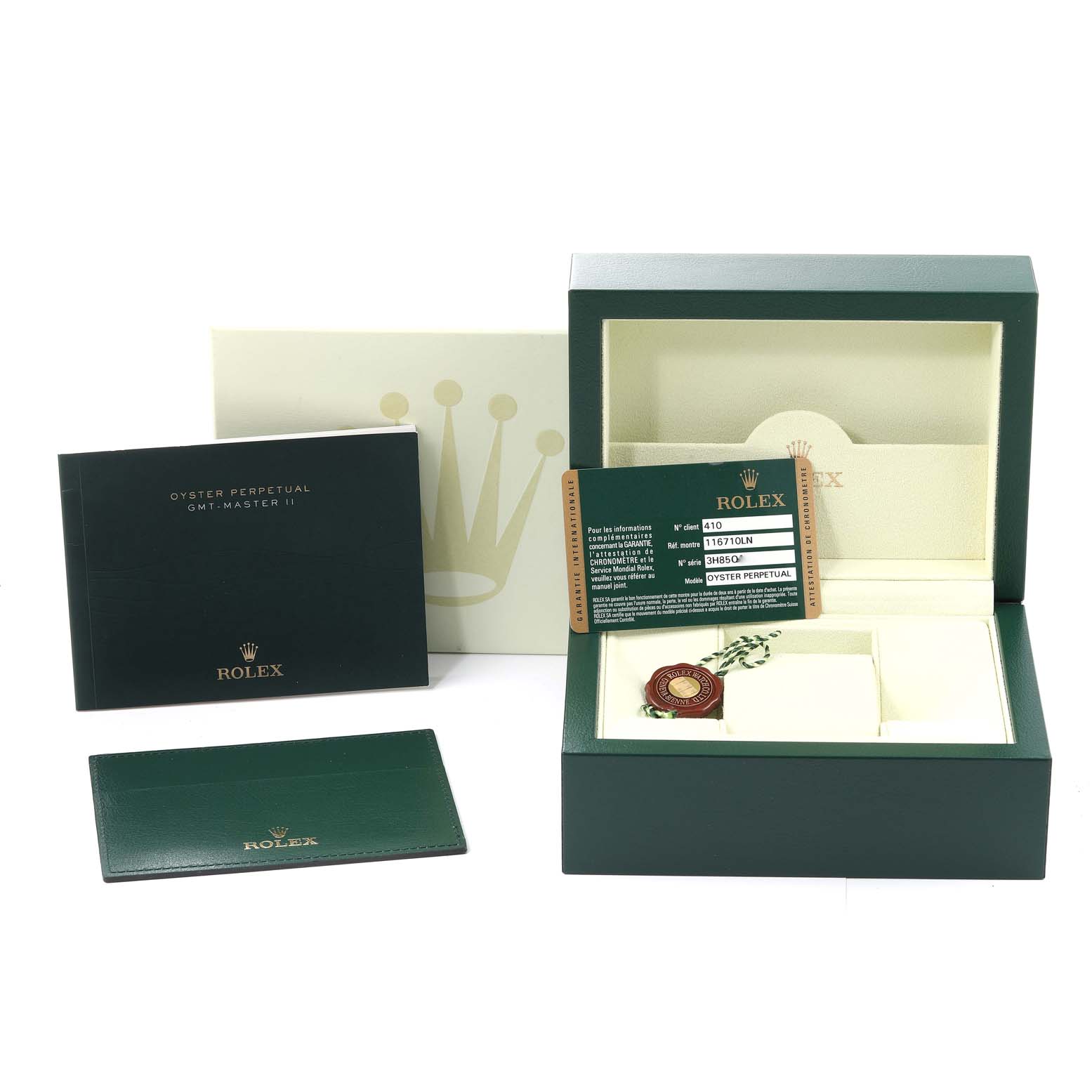 The image shows the packaging, manuals, warranty card, tag, and box for a Rolex GMT-Master 116710 Men's Stainless Steel Black Dial 116710 Men's Stainless Steel Black Dial watch.