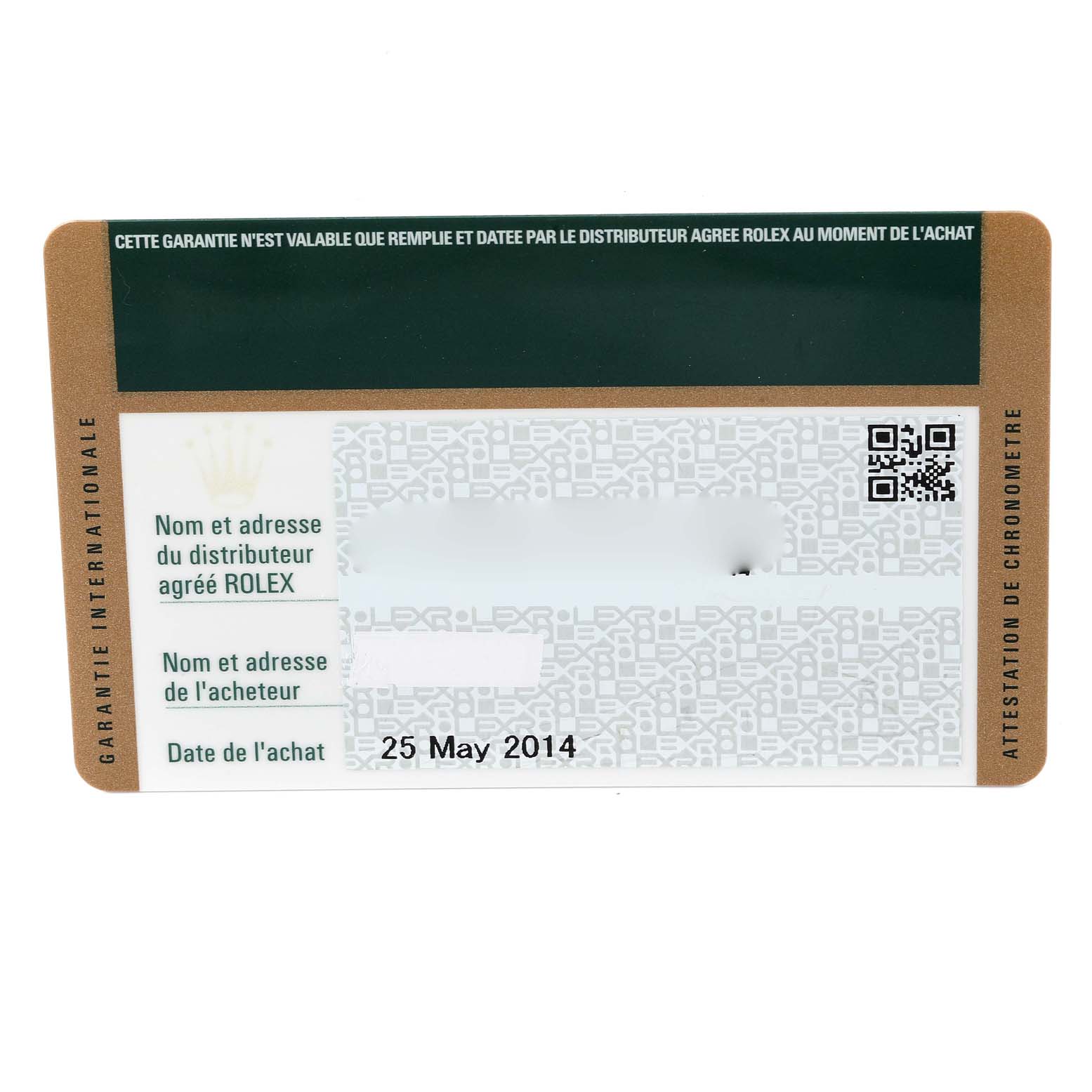 This is a Rolex GMT-Master 116710 Men's Stainless Steel Black Dial 116710 Men's Stainless Steel Black Dial warranty card shown from the front, detailing purchase and distributor information.