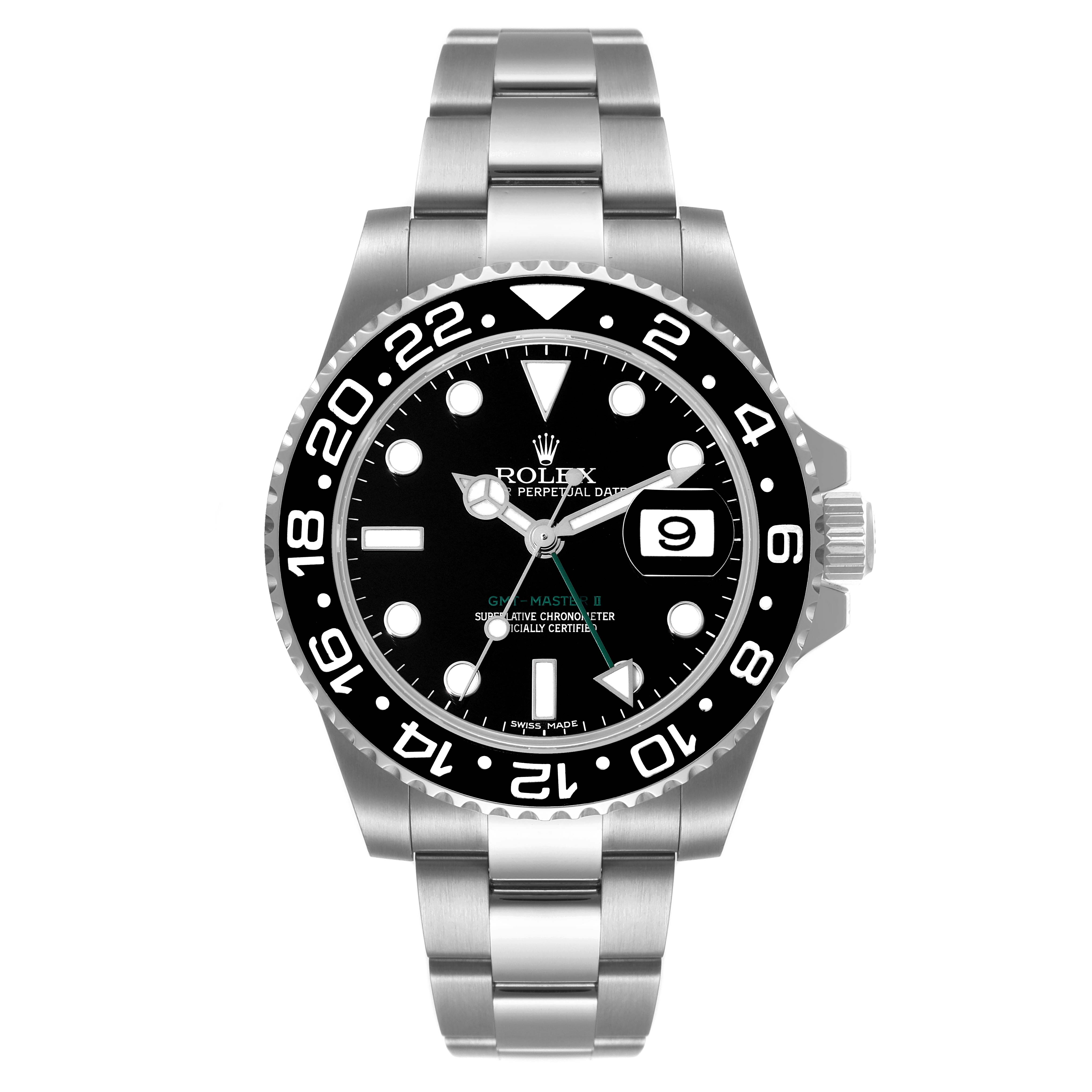 The image shows a Rolex GMT-Master 116710 Men's Stainless Steel Black Dial 116710 Men's Stainless Steel Black Dial II watch from a front angle, displaying the dial, bezel, and part of the bracelet.