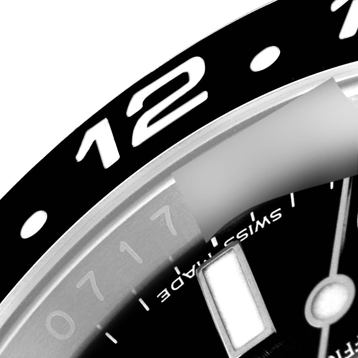 Close-up angle showing the bezel, part of the dial, and the "Swiss Made" text on a Rolex GMT-Master 116710 Men's Stainless Steel Black Dial 116710 Men's Stainless Steel Black Dial watch.