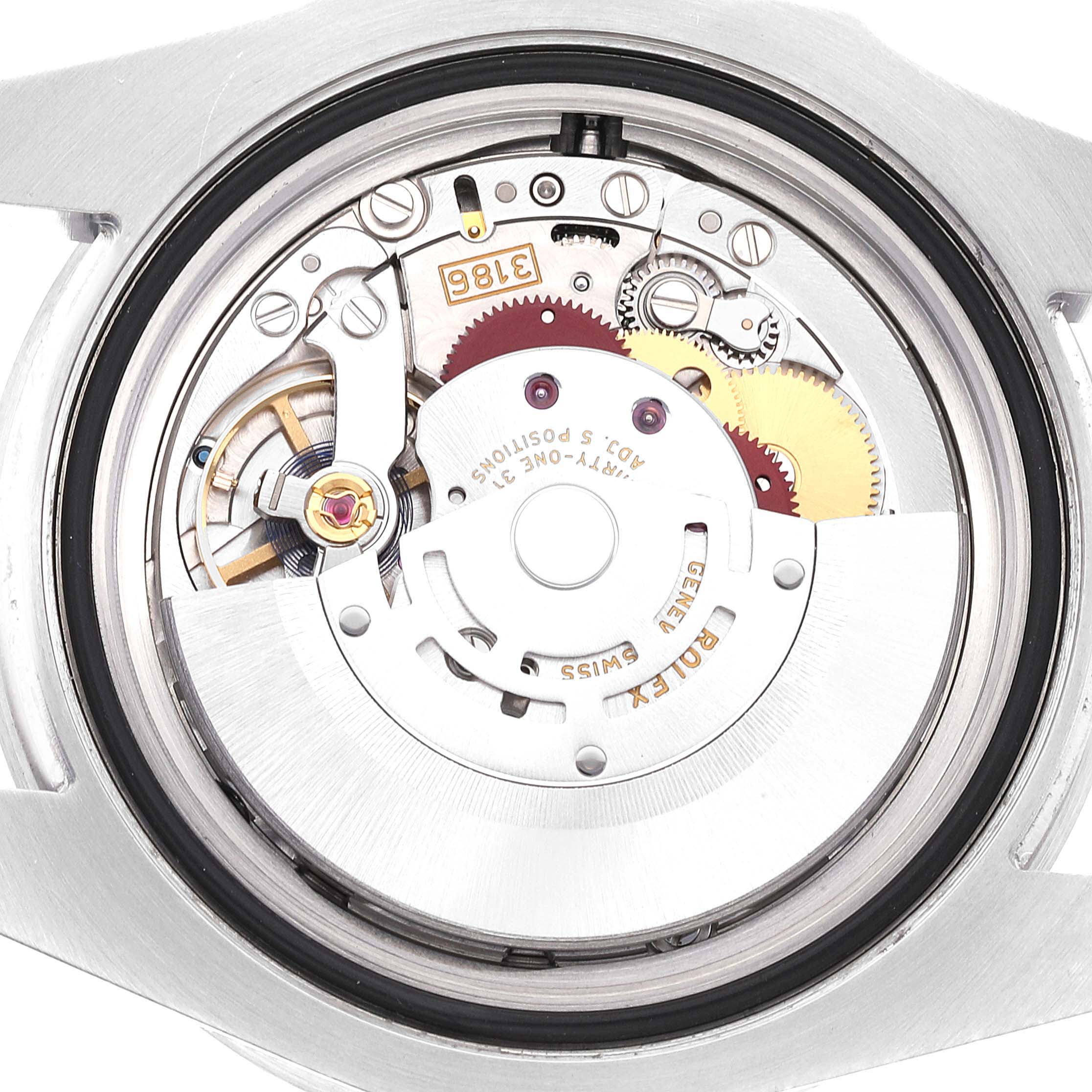 The image shows the inner mechanical movement of the Rolex GMT-Master 116710 Men's Stainless Steel Black Dial 116710 Men's Stainless Steel Black Dial watch from a rear angle with the case back removed.