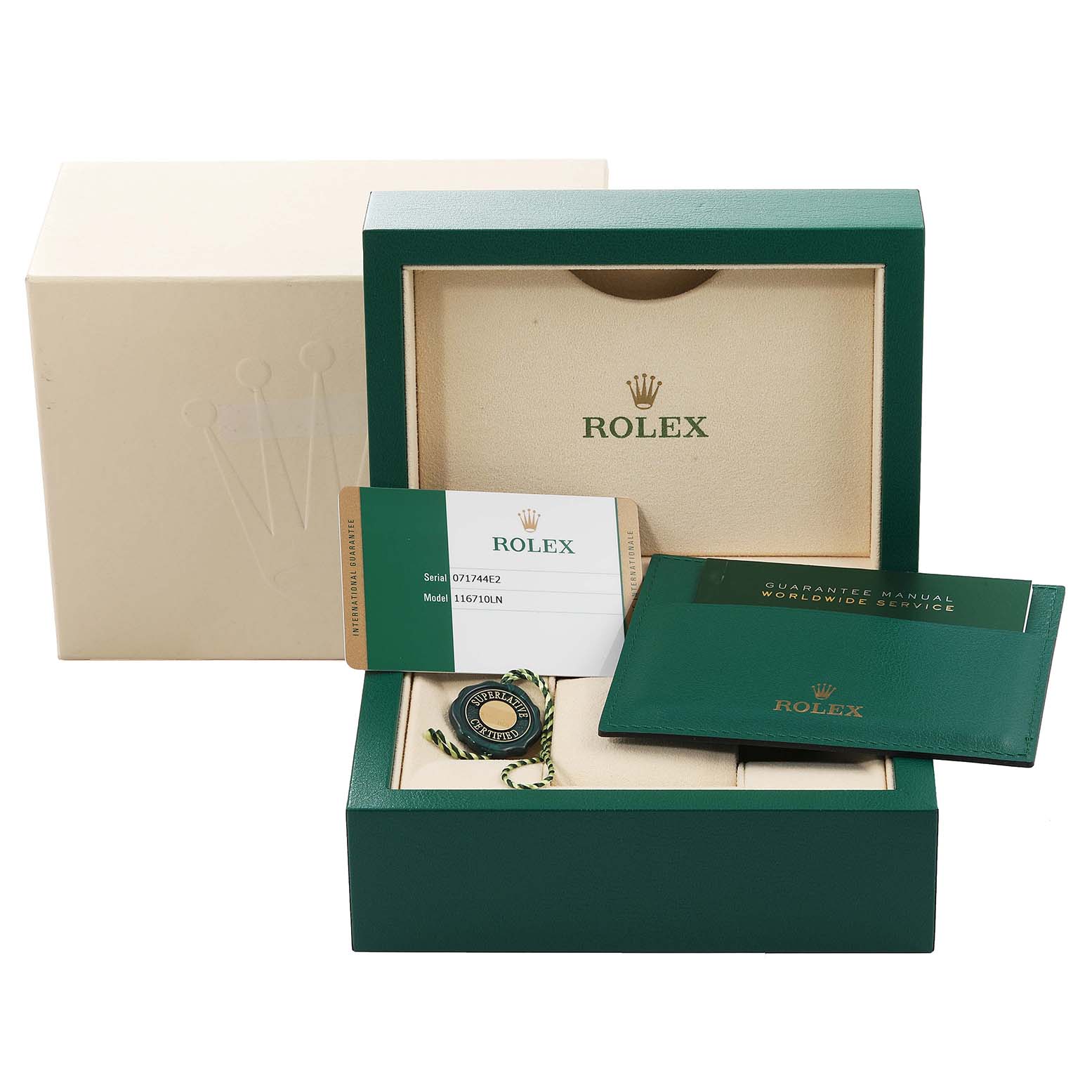 The image shows a packaged Rolex GMT-Master 116710 Men's Stainless Steel Black Dial 116710 Men's Stainless Steel Black Dial watch, including a green box, manual, warranty card, and hang tag from a top-down angle.