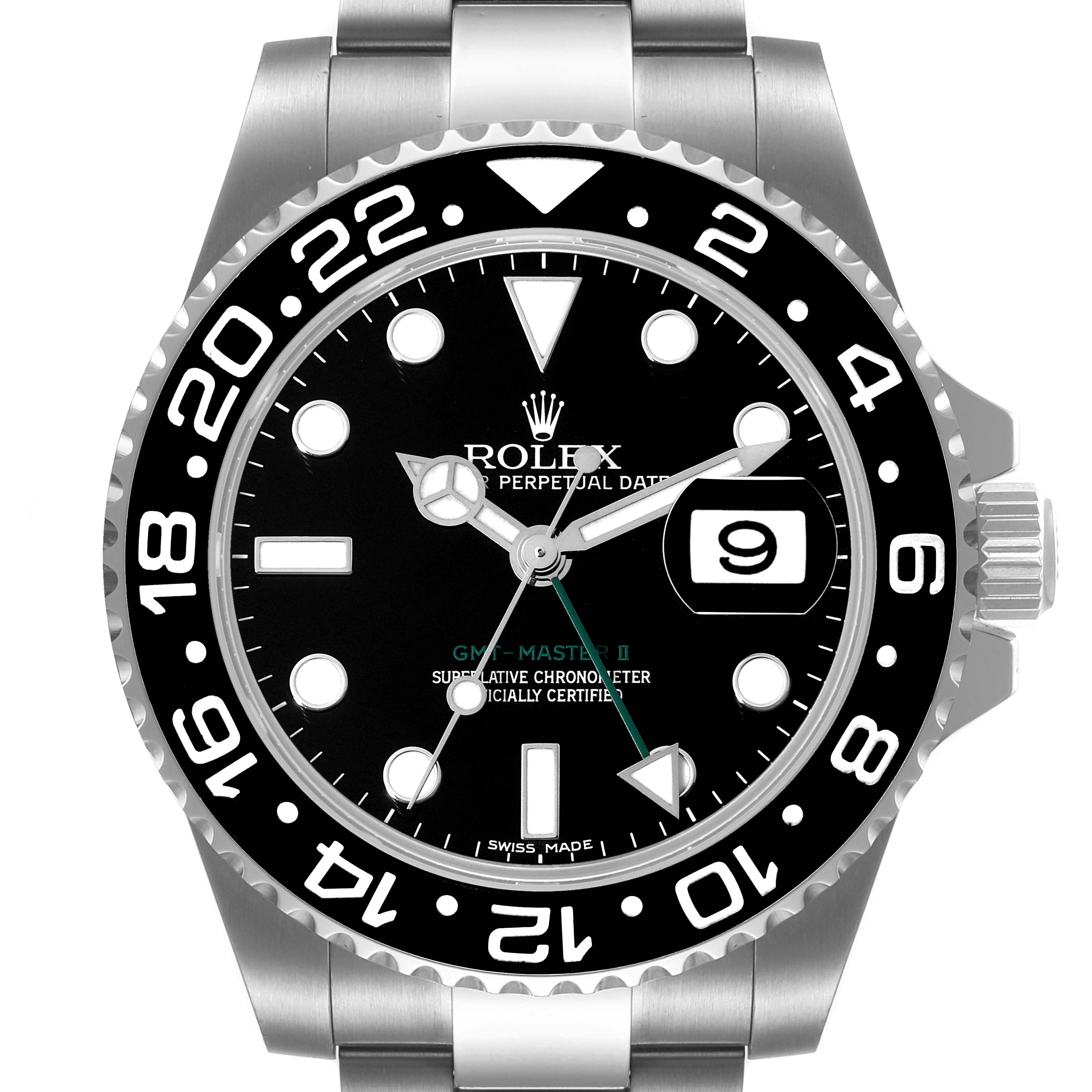 This image shows a front view of the Rolex GMT-Master 116710 Men's Stainless Steel Black Dial 116710 Men's Stainless Steel Black Dial II watch, highlighting the bezel, dial, and part of the bracelet.