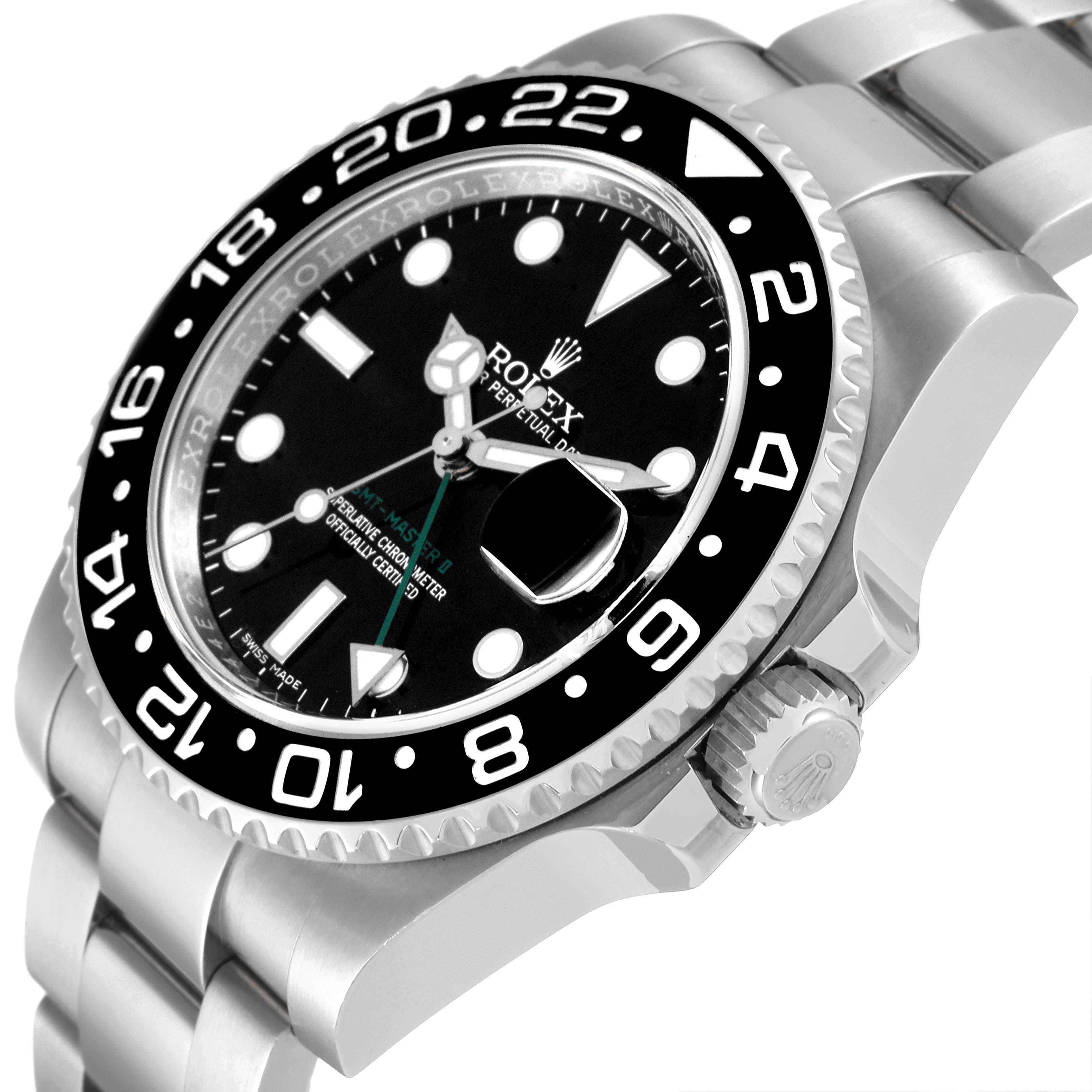 This image shows a Rolex GMT-Master 116710 Men's Stainless Steel Black Dial 116710 Men's Stainless Steel Black Dial watch at an angled, close-up view, highlighting the bezel, dial, and part of the bracelet.
