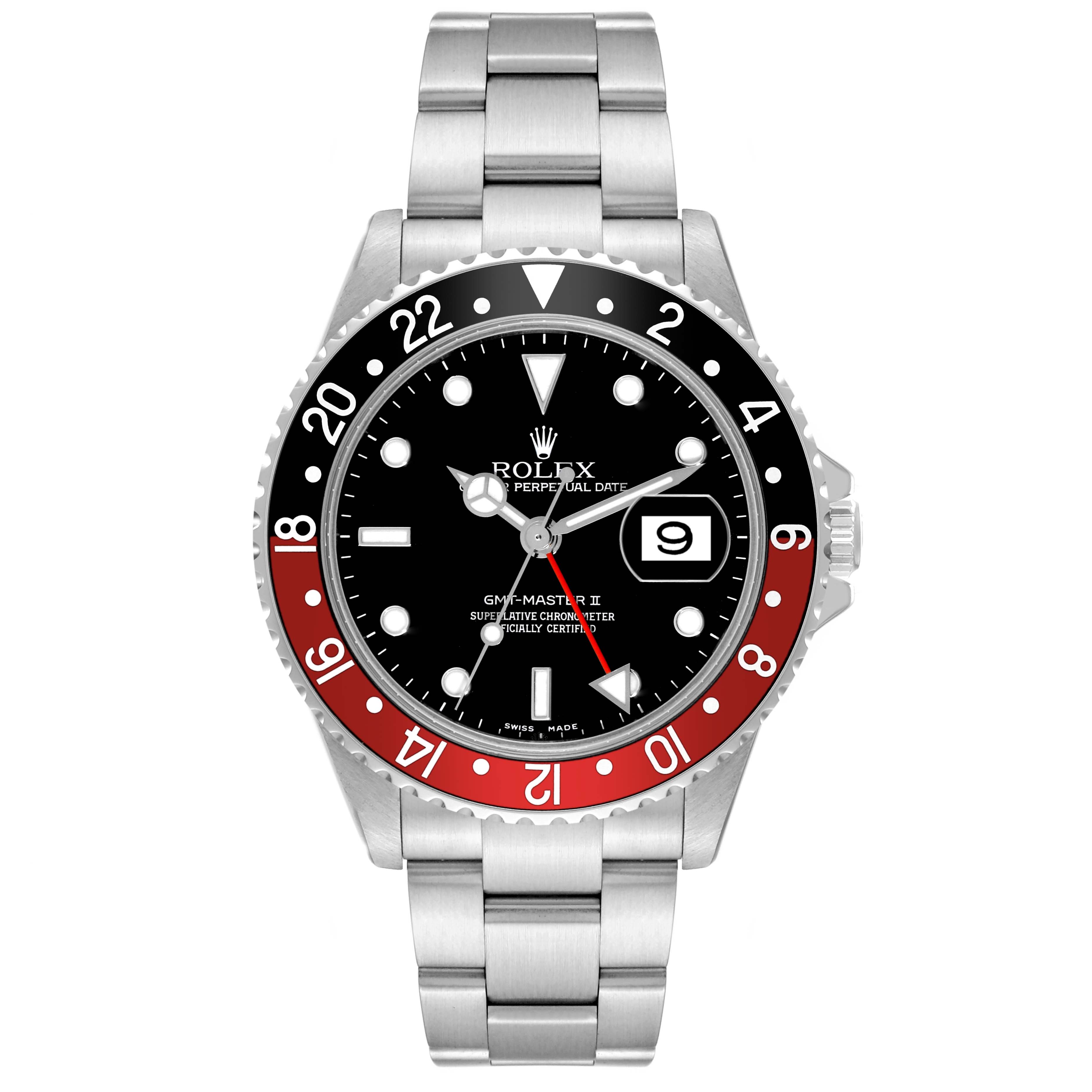 This image shows a frontal view of the Rolex GMT-Master 16710 Men's Stainless Steel Black Dial 16710 Men's Stainless Steel Black Dial watch, including the bezel, dial, and bracelet.