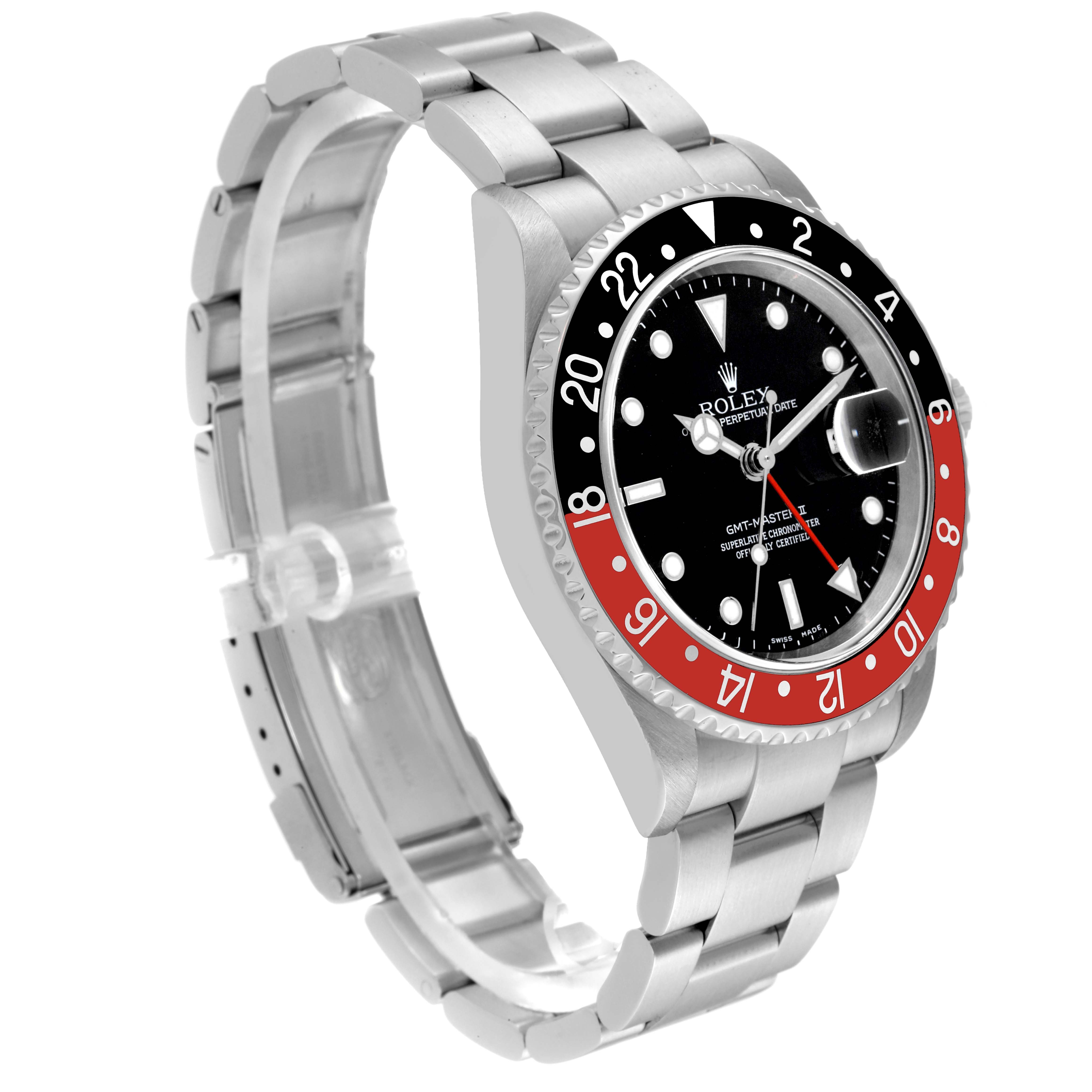 The image is a side angle view showing the face, bezel, bracelet, and clasp of a Rolex GMT-Master 16710 Men's Stainless Steel Black Dial 16710 Men's Stainless Steel Black Dial watch.