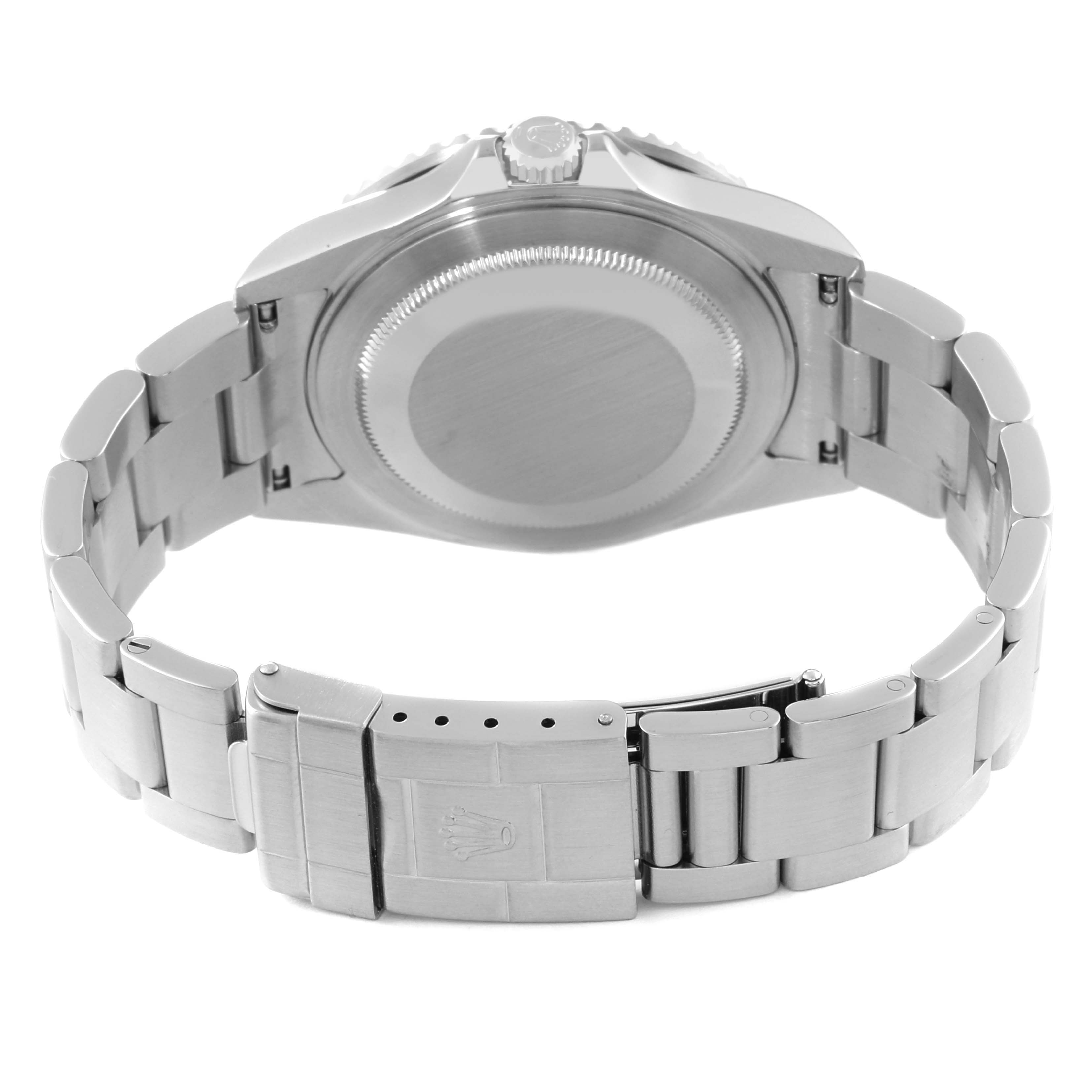 The image shows the back view of a Rolex GMT-Master 16710 Men's Stainless Steel Black Dial 16710 Men's Stainless Steel Black Dial watch, highlighting the case back and the clasp.