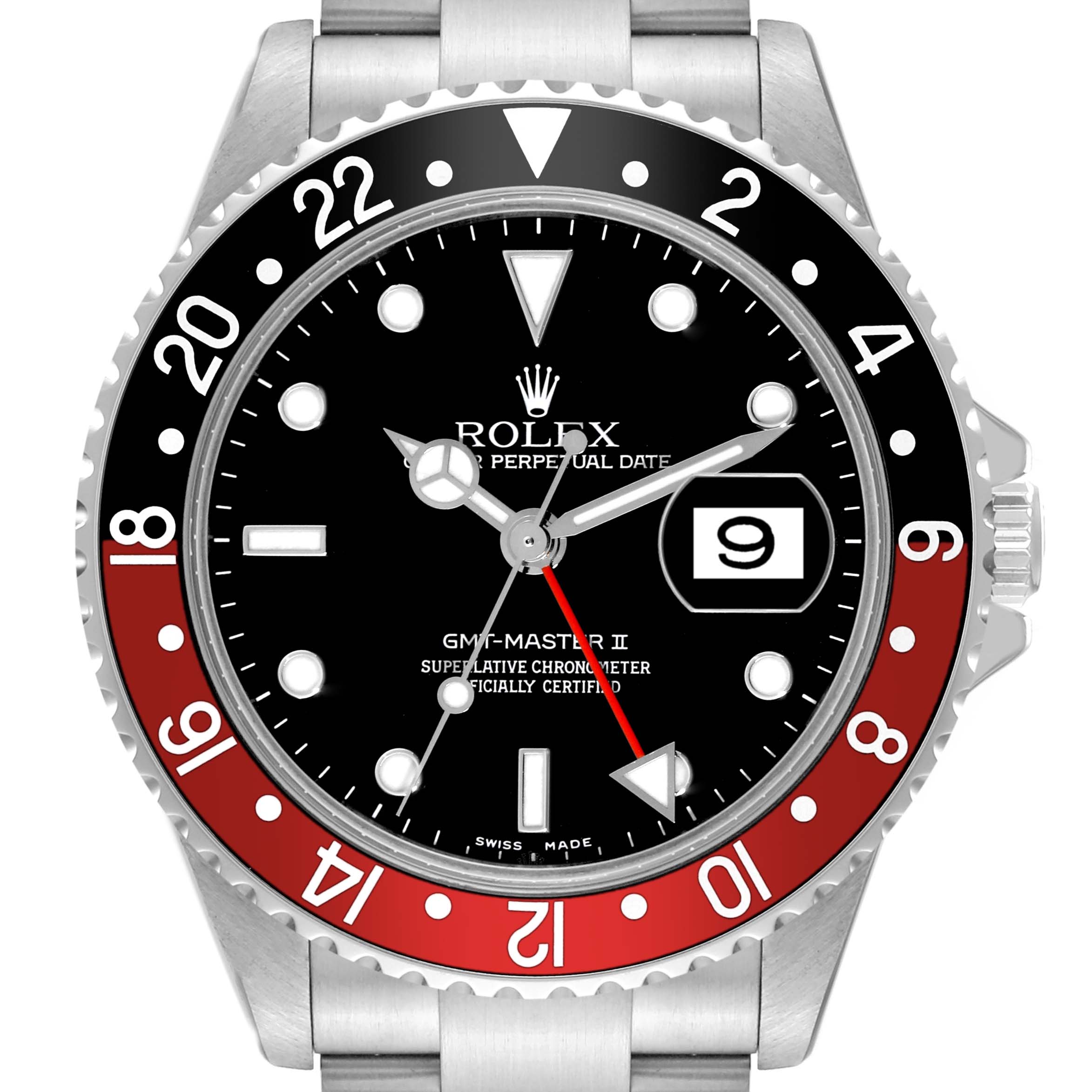 This Rolex GMT-Master 16710 Men's Stainless Steel Black Dial 16710 Men's Stainless Steel Black Dial watch is shown from a top-down angle, highlighting the face, bezel, crown, and a portion of the bracelet.