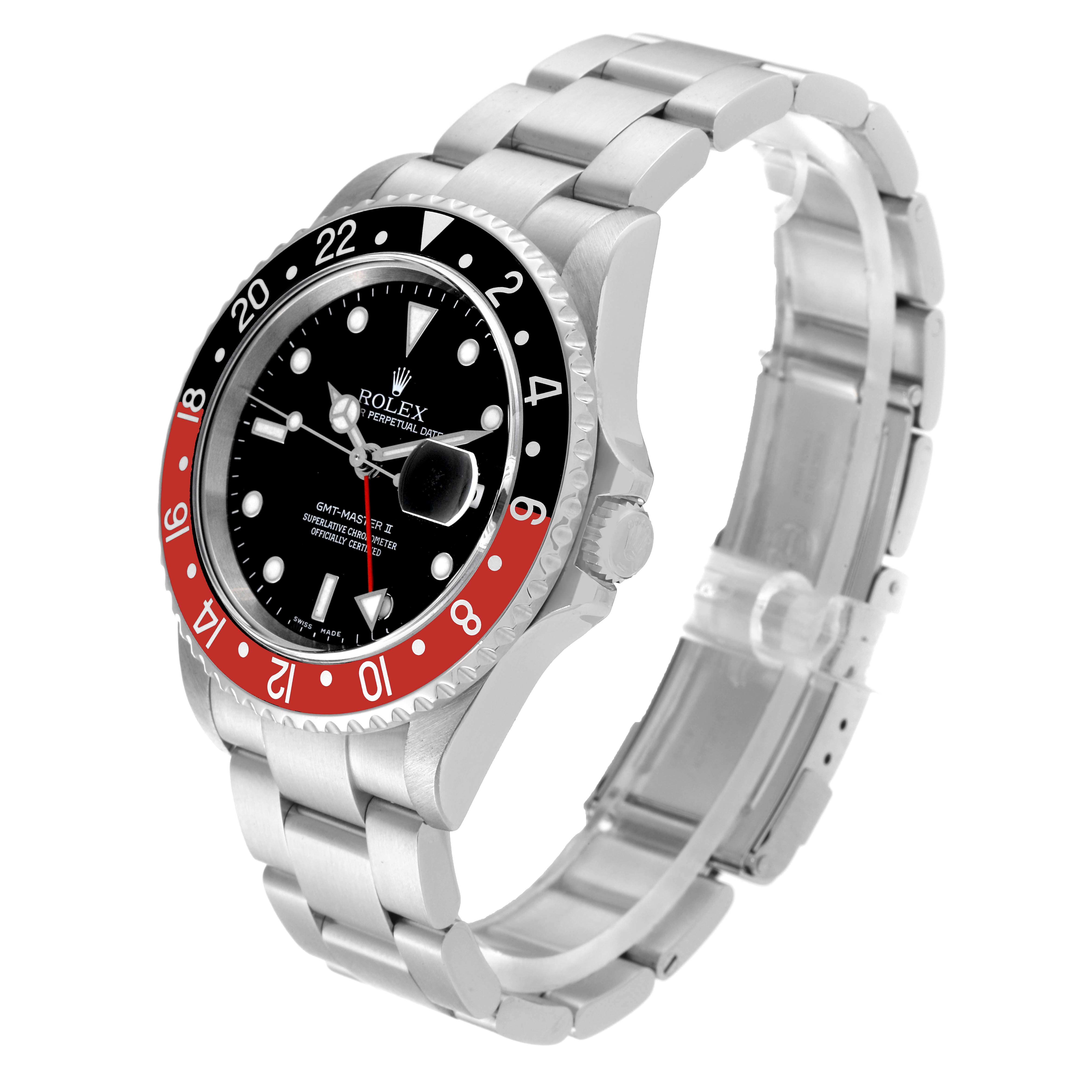 The Rolex GMT-Master 16710 Men's Stainless Steel Black Dial 16710 Men's Stainless Steel Black Dial watch is shown at an angle, displaying the bezel, dial, crown, and bracelet.