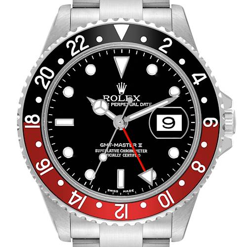 The image shows a close-up view of the dial and bezel of a Rolex GMT-Master II watch.